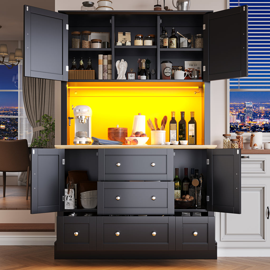 Snack cabinet, kitchen cabinet (115 x 40 x 180 cm), tall kitchen dining cabinet, sideboard, kitchen cabinet with five drawers and LED lighting, suitable for kitchen, living room, dining room, black
