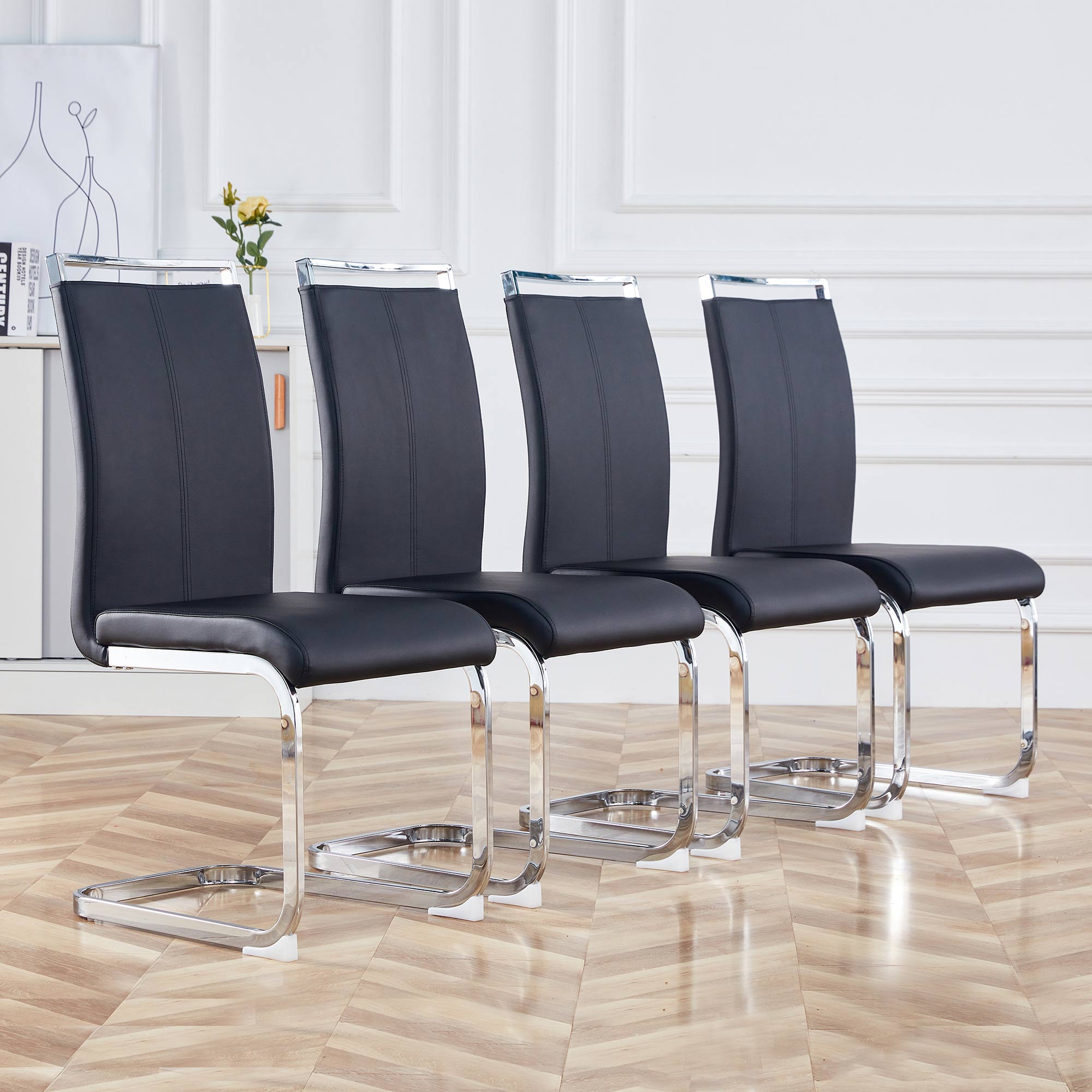 Cantilever chair, chrome-plated metal frame, can hold up to 120 kg, softly padded with imitation leather cover, black, (set, 4 pieces)