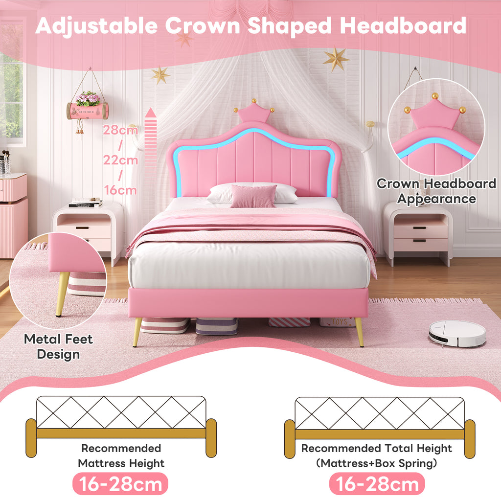 3ft Single Upholstered Bed with LED Adjustable Crown Shape Headboard, PU Leather Bed Frame with Solid Wood Slat, No Box Spring Needed, Easy Assembly, Pink (No Mattress)