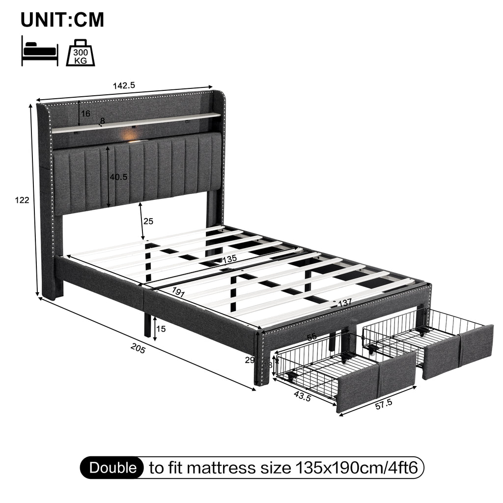 4ft6 Double Upholstered Bed with 2 Storage Drawers, Riveted Storage Bed with Charging and Lighting, Linen Platform Bed Frame No Box Spring Needed, Easy Assembly, Grey (No Mattress)