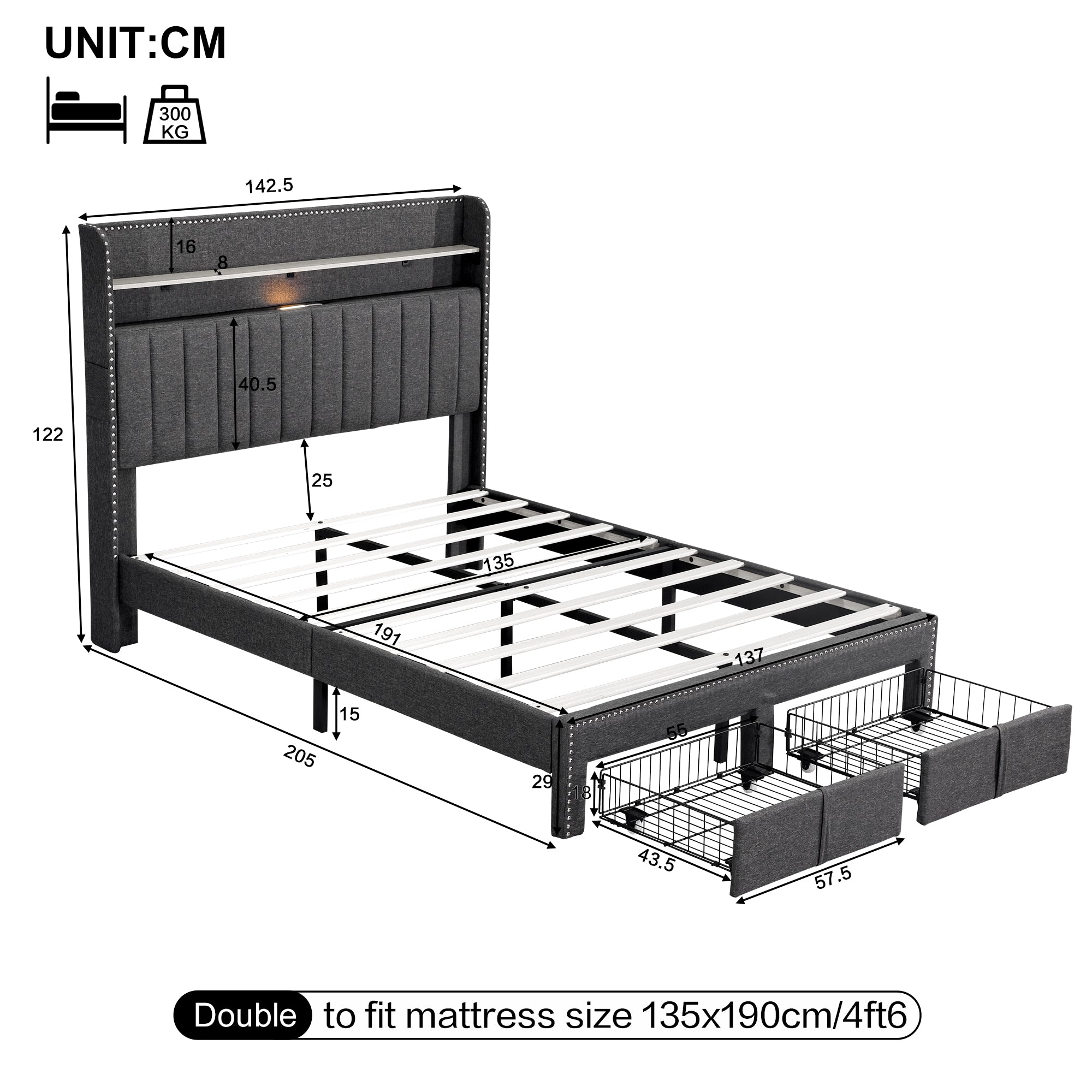 4ft6 Double Upholstered Bed with 2 Storage Drawers, Riveted Storage Bed with Charging and Lighting, Linen Platform Bed Frame No Box Spring Needed, Easy Assembly, Grey (No Mattress)