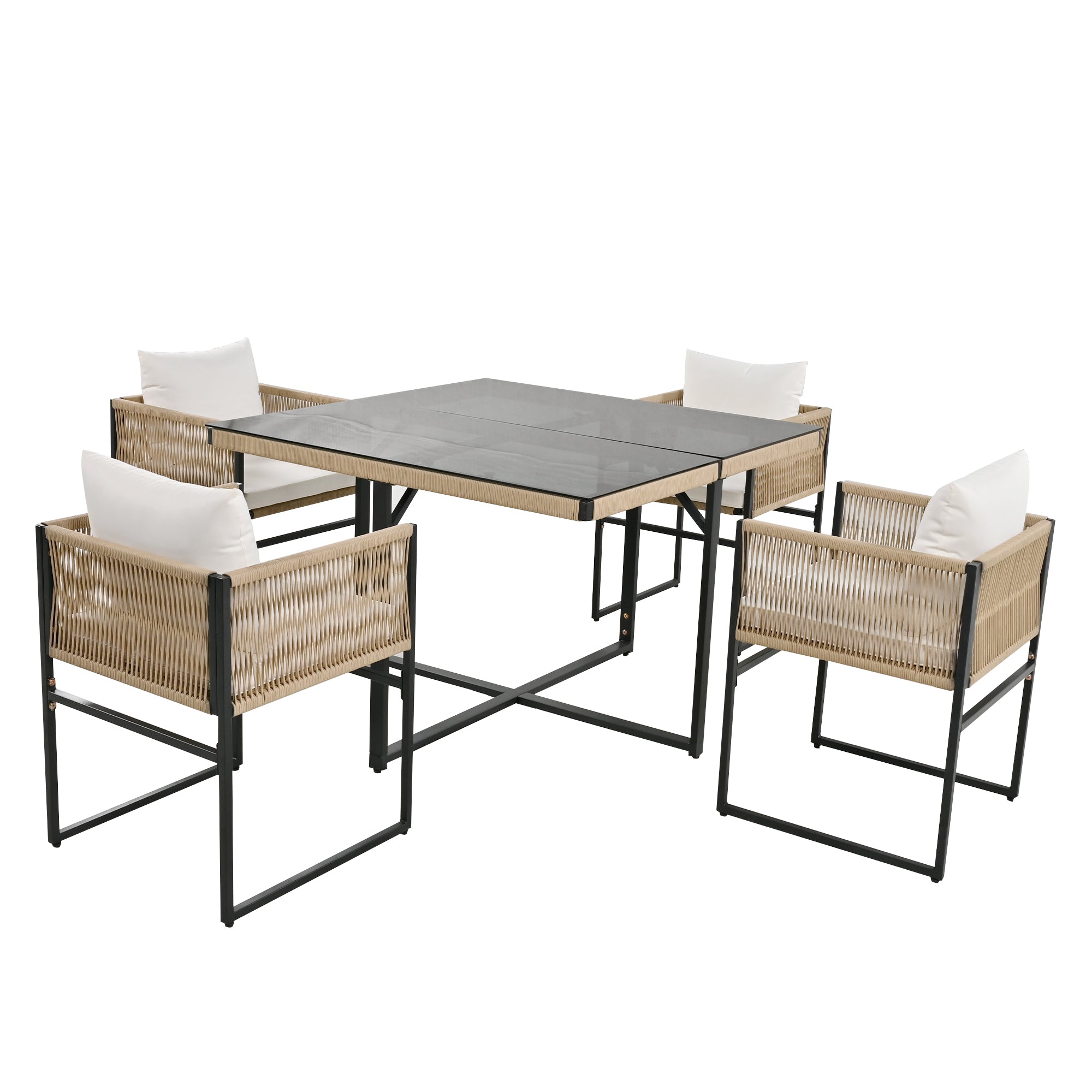 Garden Dining Set 5 Piece Set with 1 Dining Table, 4 Stackable Chairs (Garden Furniture Set, 5-pc, Seating Group), Fine Rope, Iron, Table Top Made of 5mm Thick Safety Glass