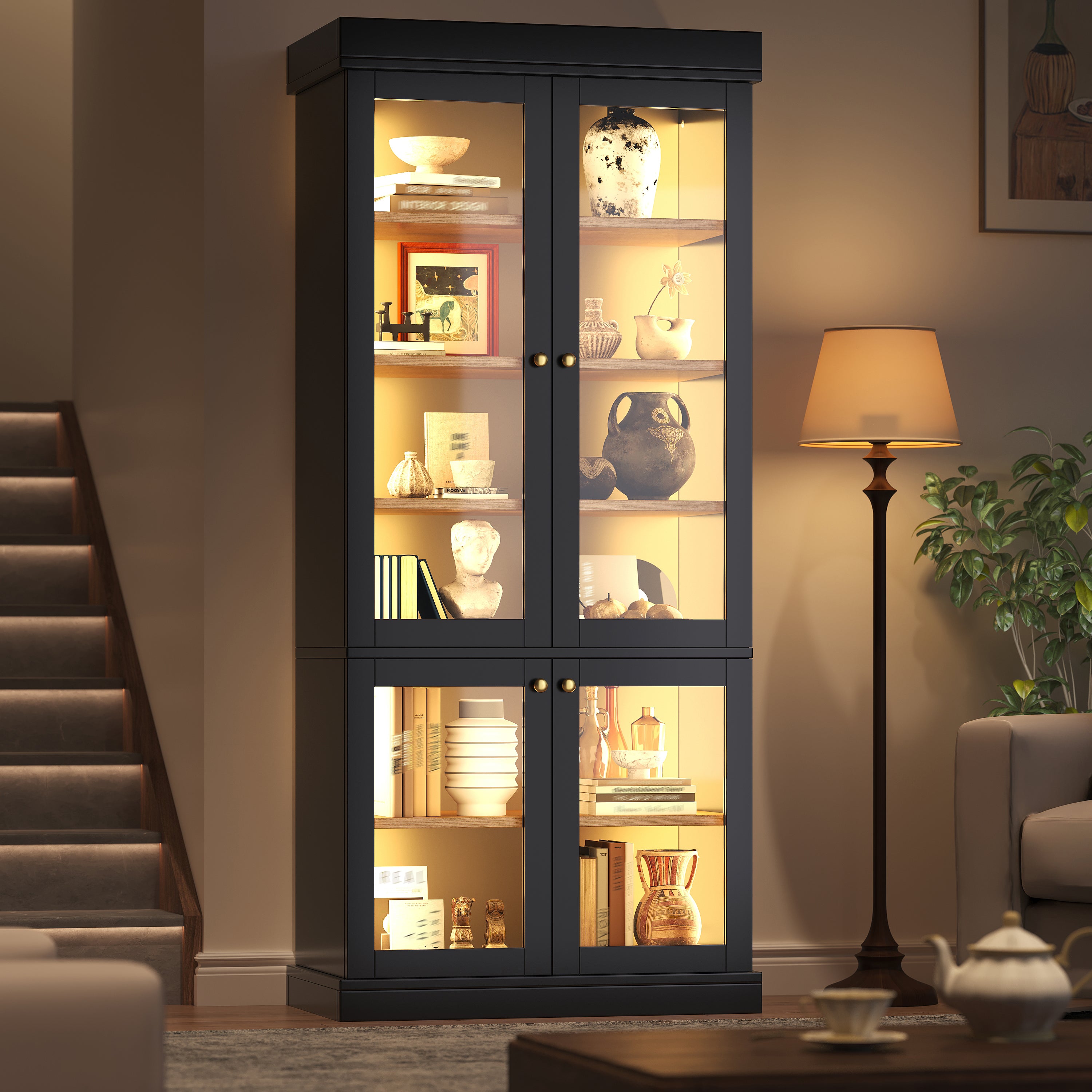 Modern freestanding cabinet with integrated LED mood lighting, glass display case, well-designed interior layout and anti-tip protection; stable, safe and versatile for home use; black
