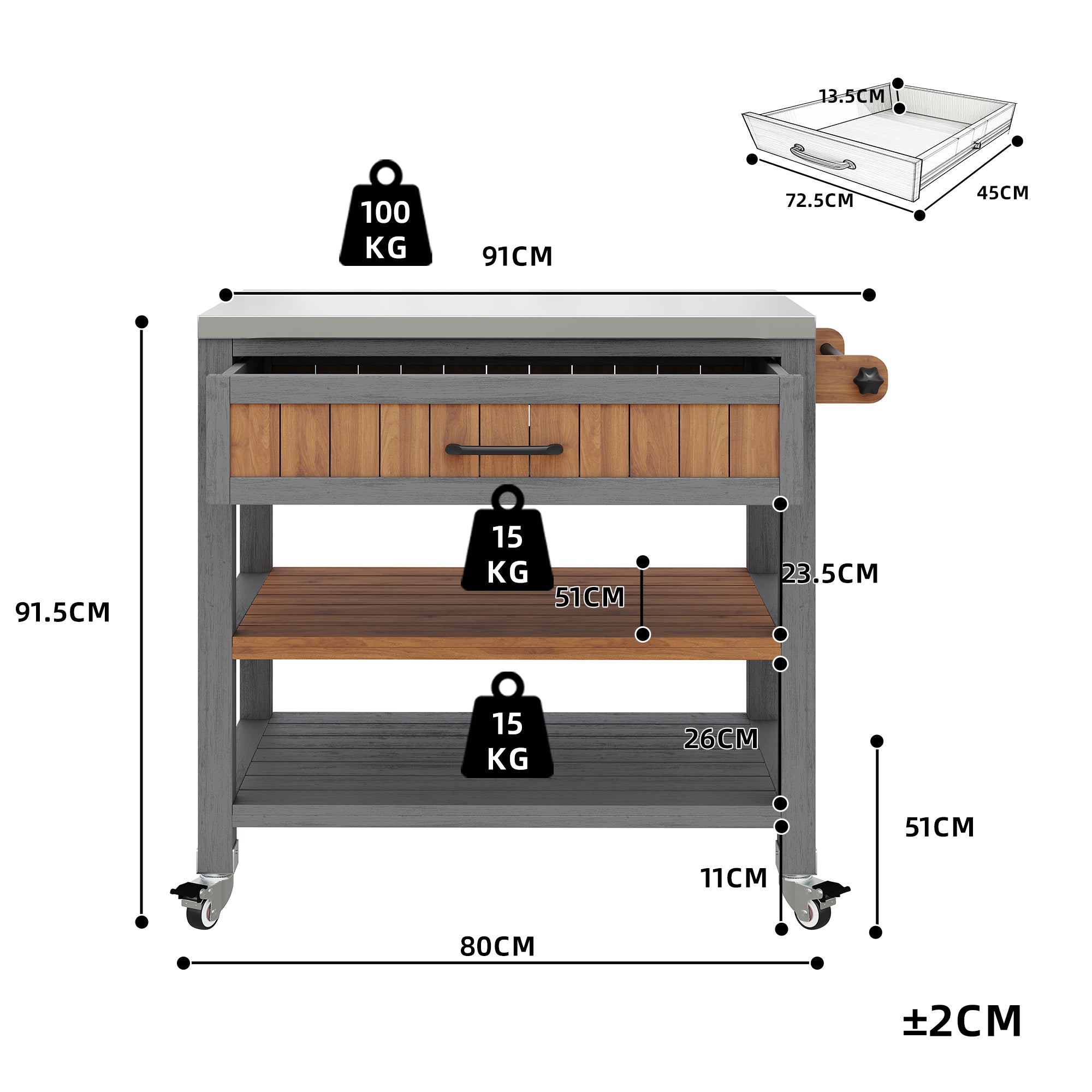 Garden cabinet with wheels and stainless steel worktop – Mobile tool cabinet with drawer and shelf, weatherproof sideboard with double shelf and towel rack, barbecue station for patio