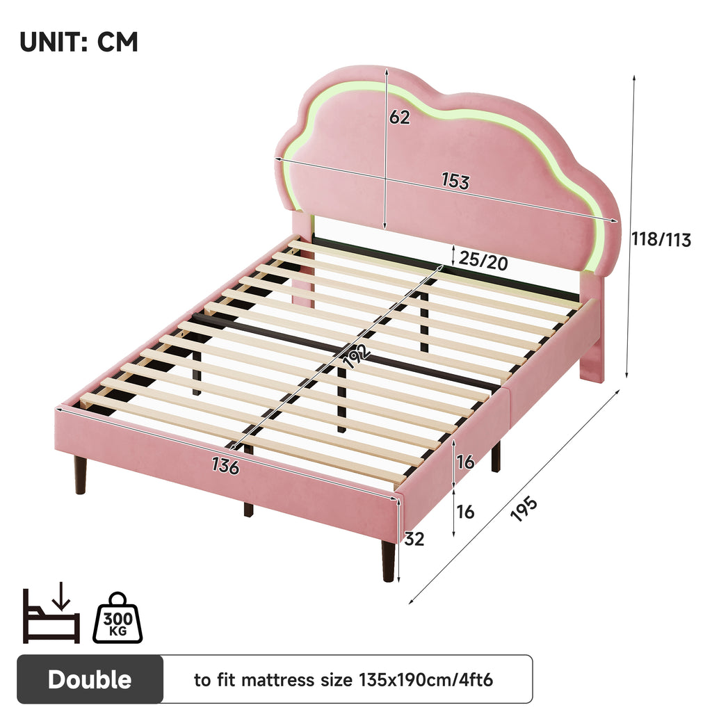 4ft6 Double Upholstered Bed with LED Adjustable Cute Cloud Headboard, Soft Velvet Bed Frame with Solid Wood Slat, No Box Spring Needed, Easy Assembly, Pink (No Mattress)