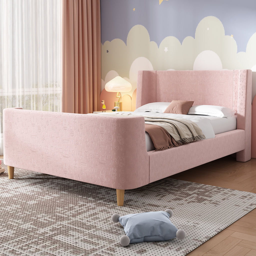3FT Upholstered Bed, 90 x 190 cm Single Bed with Cosmic Pattern, Sleigh-style Teen Bed, Bed Frame for Boys and Girls, Pink, Velvet (Without Mattress)