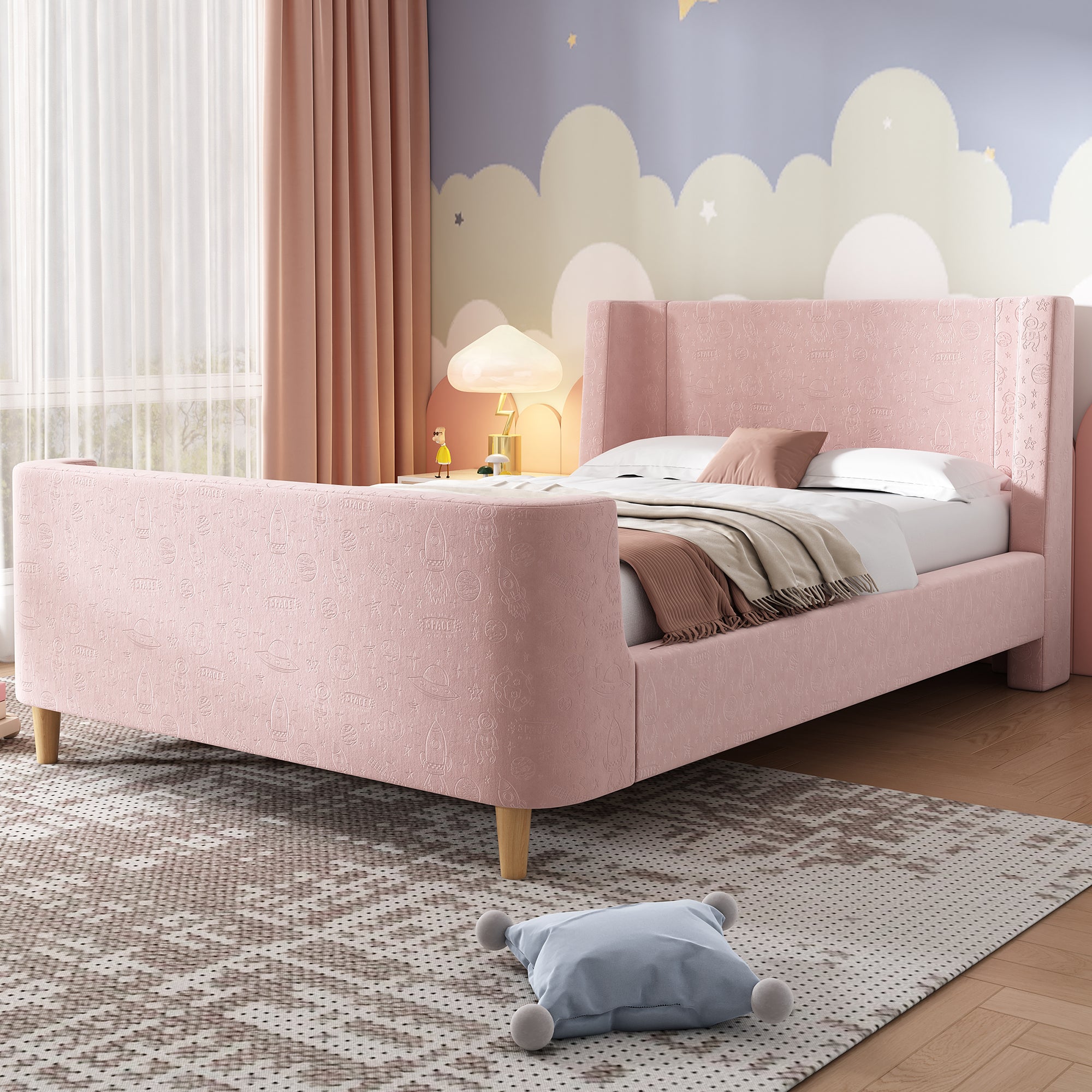 3FT Upholstered Bed, 90 x 190 cm Single Bed with Cosmic Pattern, Sleigh-style Teen Bed, Bed Frame for Boys and Girls, Pink, Velvet (Without Mattress)