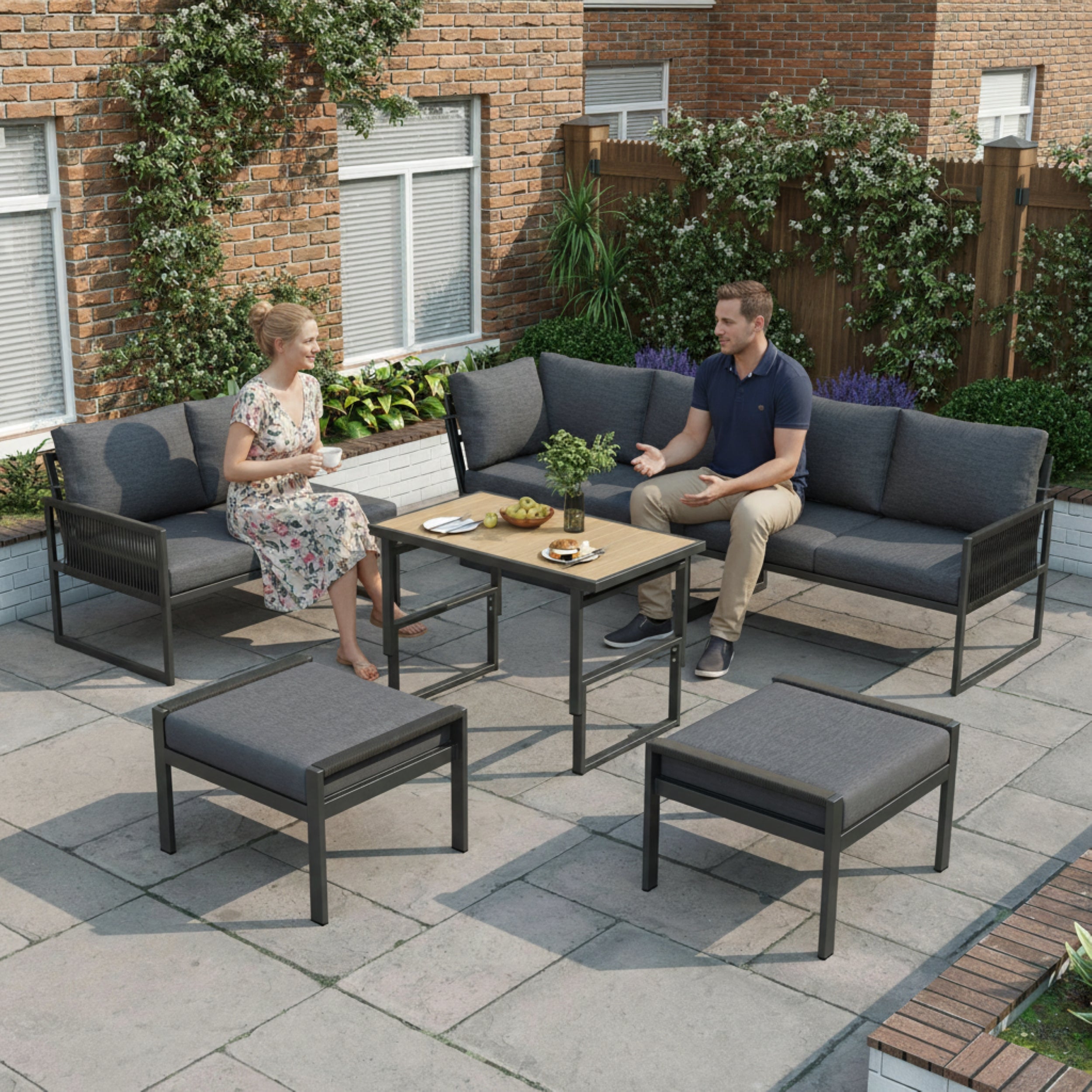 7-8 Seater Outdoor Garden Set with Height Adjustable Coffee Table and Compact Seater Stools, Corner Sofa with Polyester Rope, Weatherproof Outdoor Patio Dining Lounge Set for Balcony and Terrace, Grey