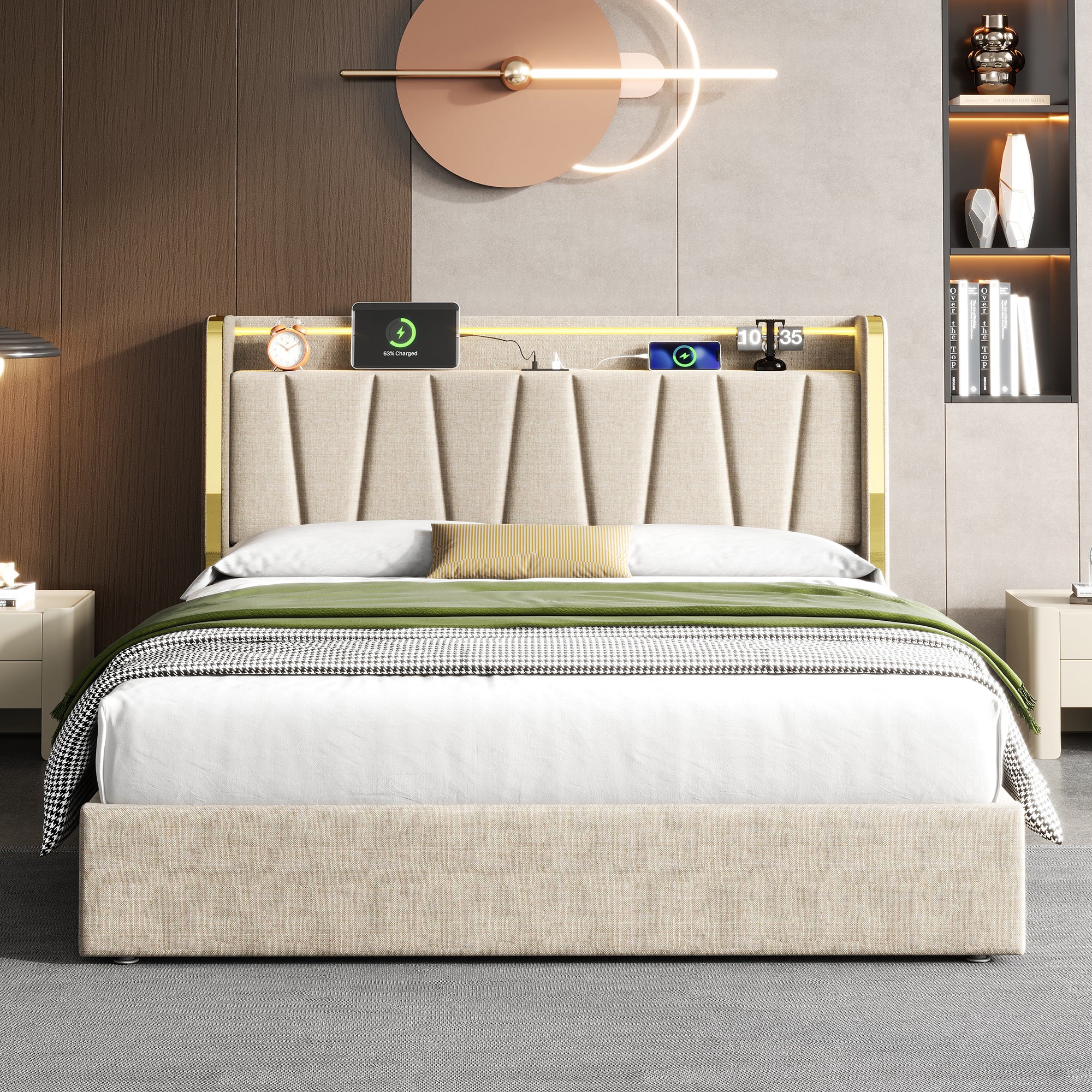 4ft6 Double Upholstered Bed Frame with Hydraulic Storage,  LED Headboard with Charging Station and Chrome Trim, USB and Type - C Ports, Linen, No Box Spring Needed, Beige (No Mattress)