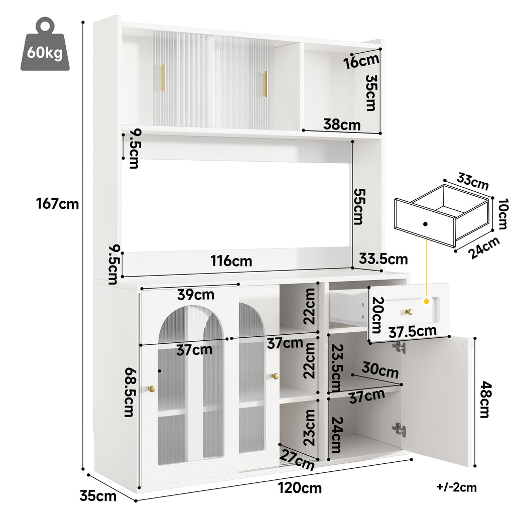 Kitchen Cabinet(120*35*167cm), Tall Cabinet, Display Cabinet, Buffet Cabinet with Adjustable Shelves, Dining Room Cabinet, Sideboard with LED Lighting, White/Black