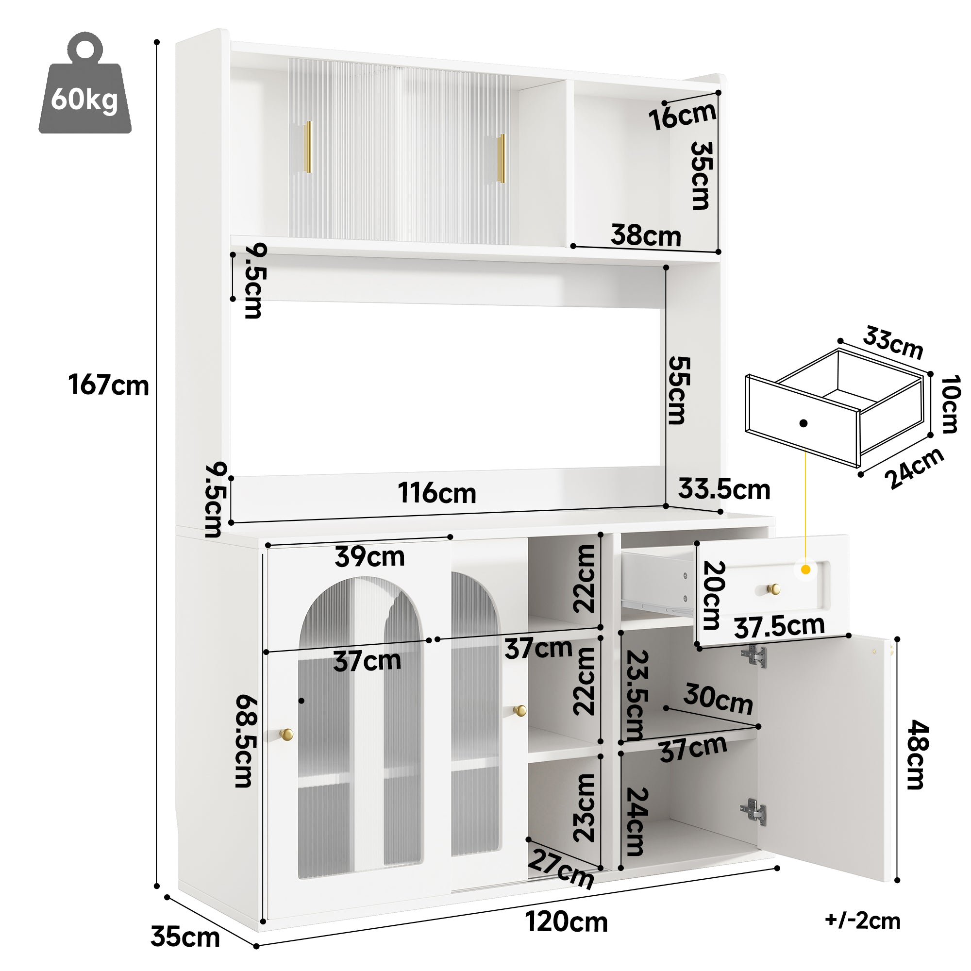 Kitchen Cabinet(120*35*167cm), Tall Cabinet, Display Cabinet, Buffet Cabinet with Adjustable Shelves, Dining Room Cabinet, Sideboard with LED Lighting, White/Black