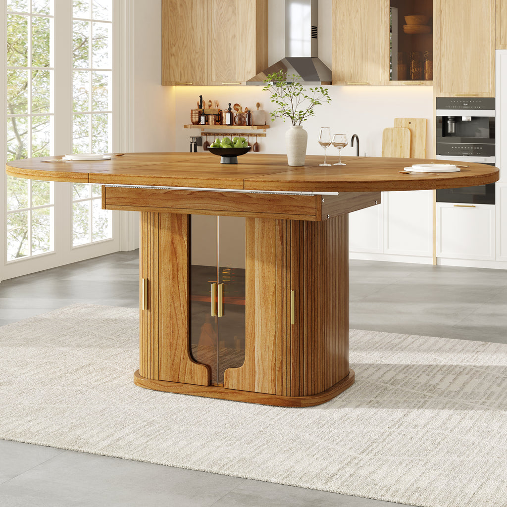 Extendable dining table, dining room table, kitchen table, round dining table, extends to oval, 118-158 cm, seats up to 6 people, dining table with glass doors, Walnut