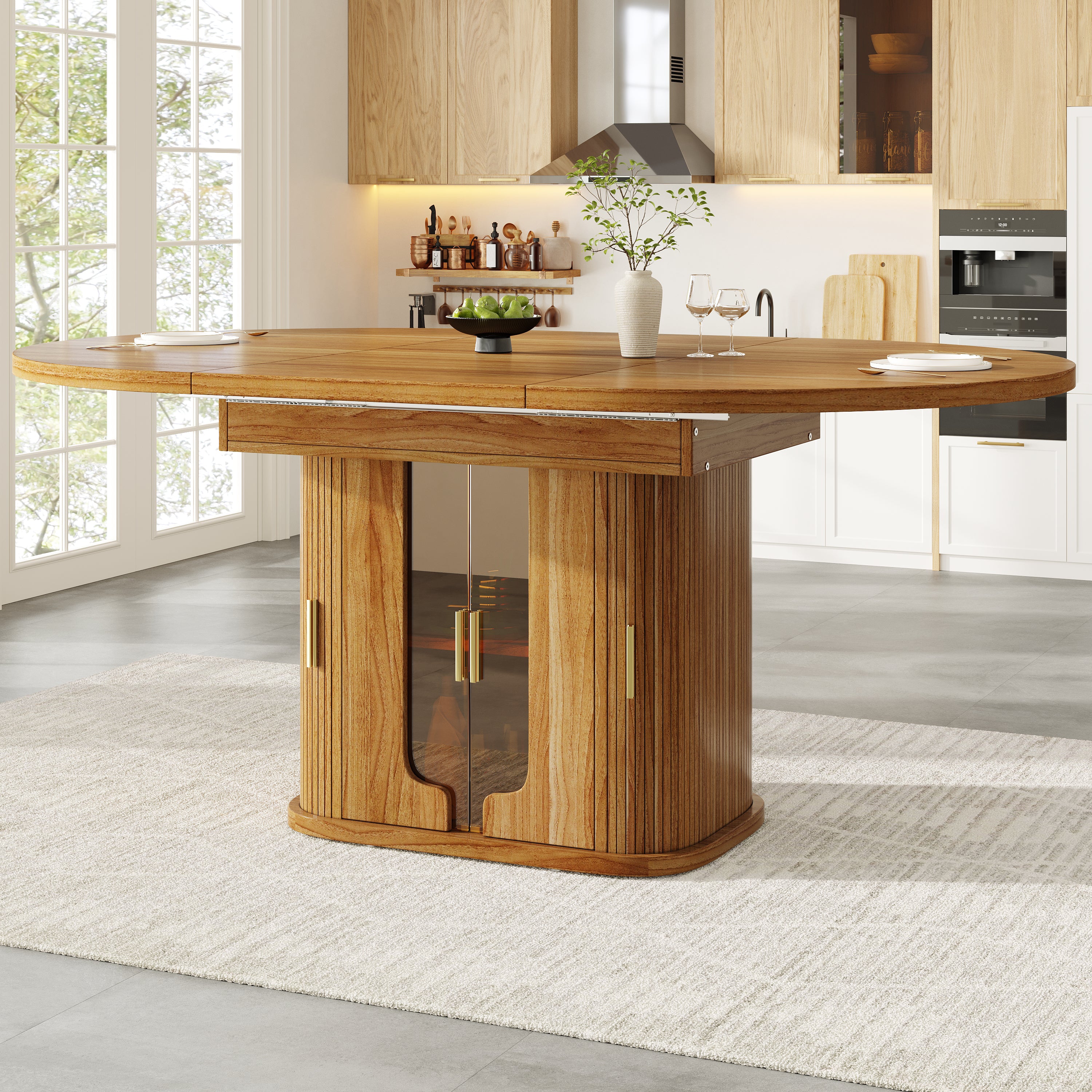 Extendable dining table, dining room table, kitchen table, round dining table, extends to oval, 118-158 cm, seats up to 6 people, dining table with glass doors, Walnut