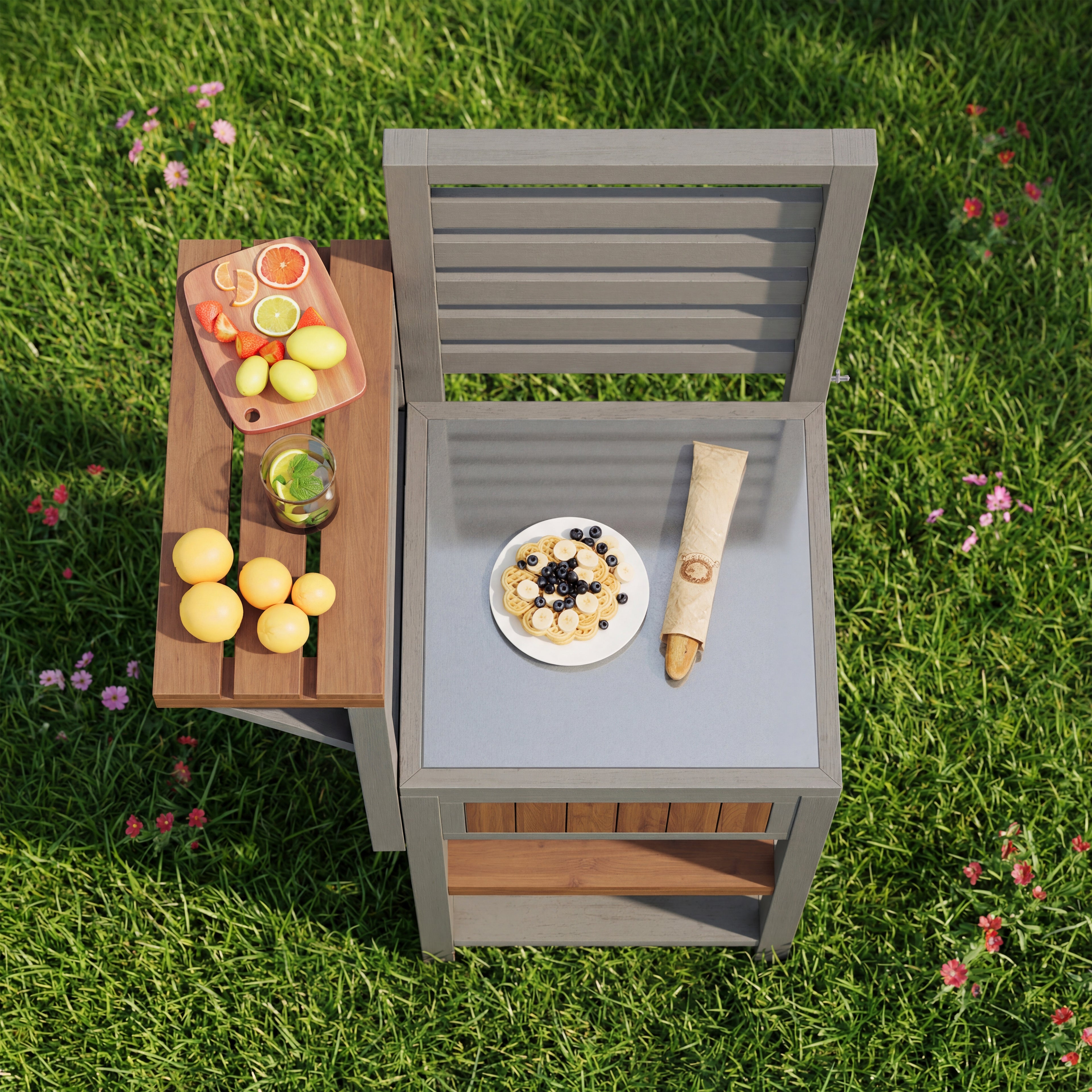 Outdoor wooden garden cabinet, weatherproof – tool shed with large stainless steel work surface and double shelf, grill station with additional storage space, weatherproof kitchen cabinet