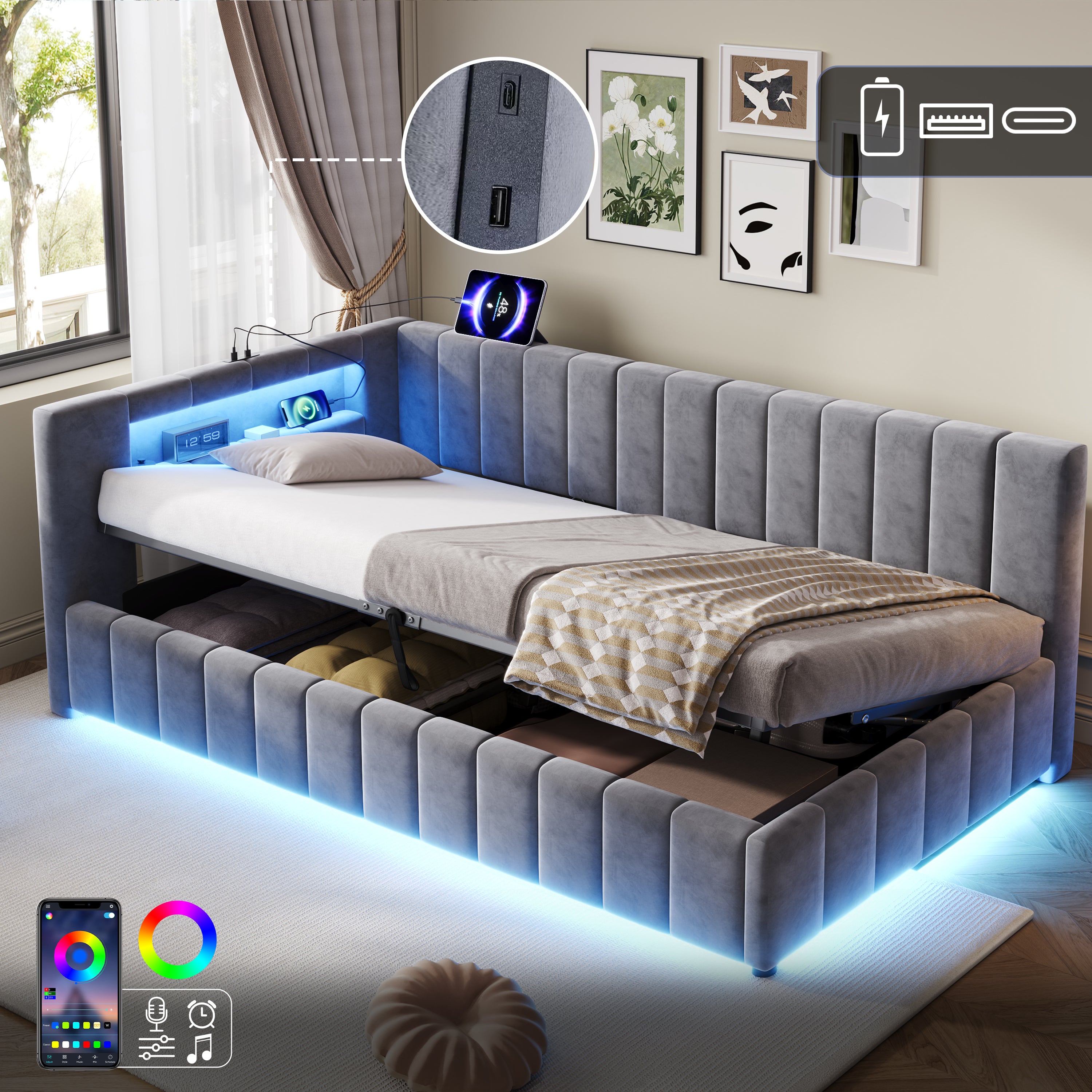 3ft Single Velvet Side Hydraulic Storage Bed with Smart RGB LED Lights & Charging Station, Side Opening Ottoman Bed Frame with Type-C & USB Ports, Channel Tufted, Grey(No Mattress)