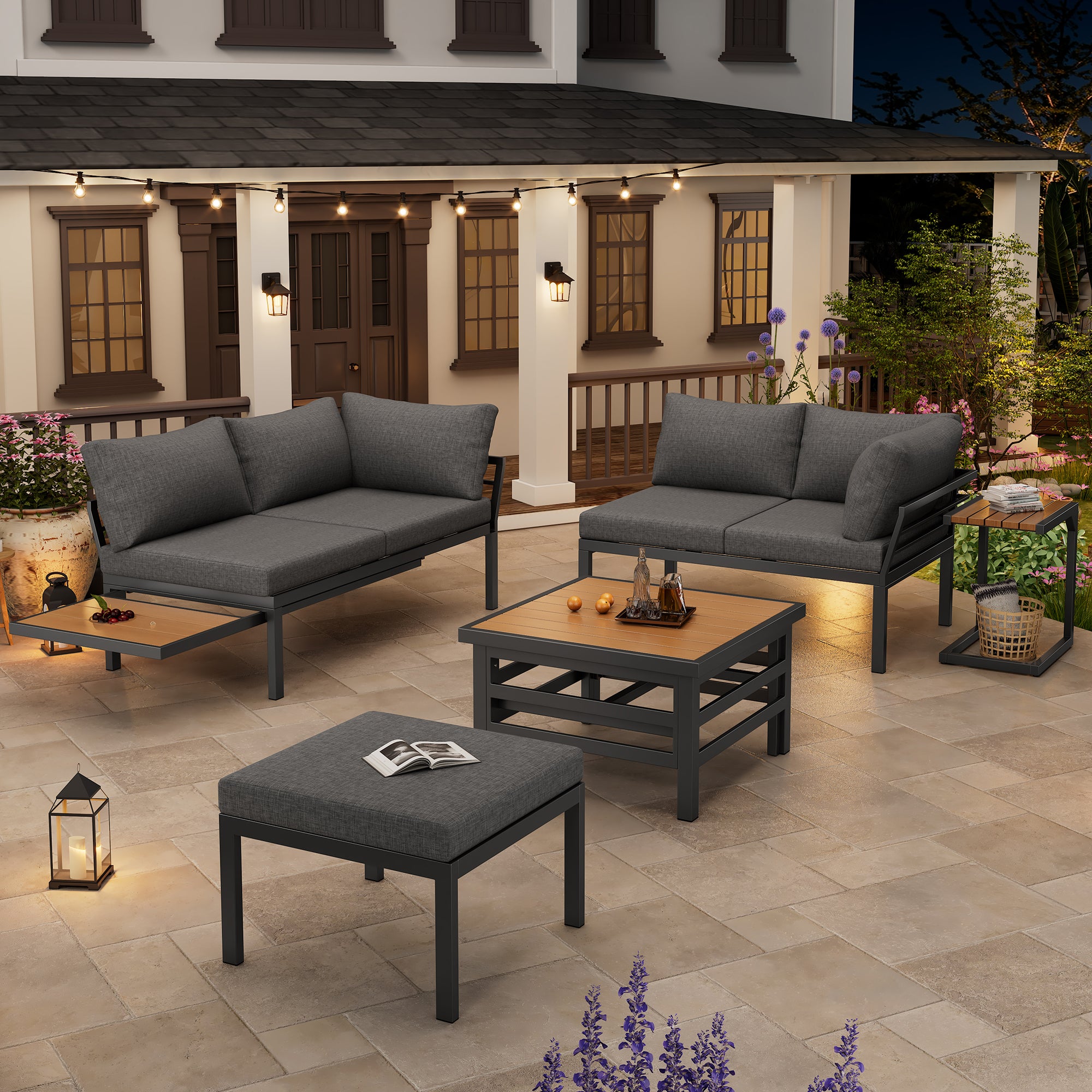 Outdoor Patio Furniture Set (2 Double Sofas + 1 Ottoman), 1 Plastic Lift-Top Coffee Table, Galvanized Iron Frame, with Seat Cushions & Pillows, Includes Small Side Table with Extendable Tabletop