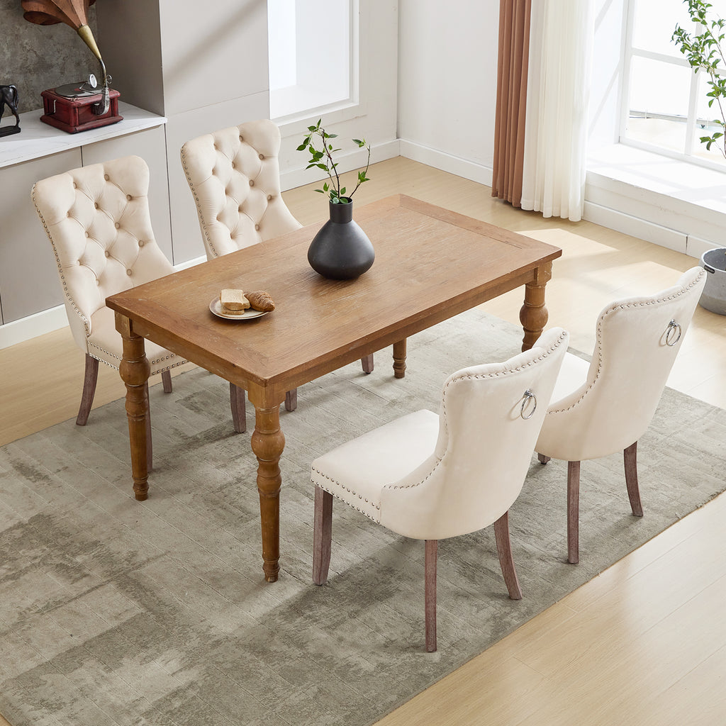Modern Set of 4 Upholstered Velvet Dining Chairs, Button Tufted Kitchen Lounge Chairs with Brushed Wood Legs, Riveted Trim and Knocker Ring, for Dining Room Living Room, Beige