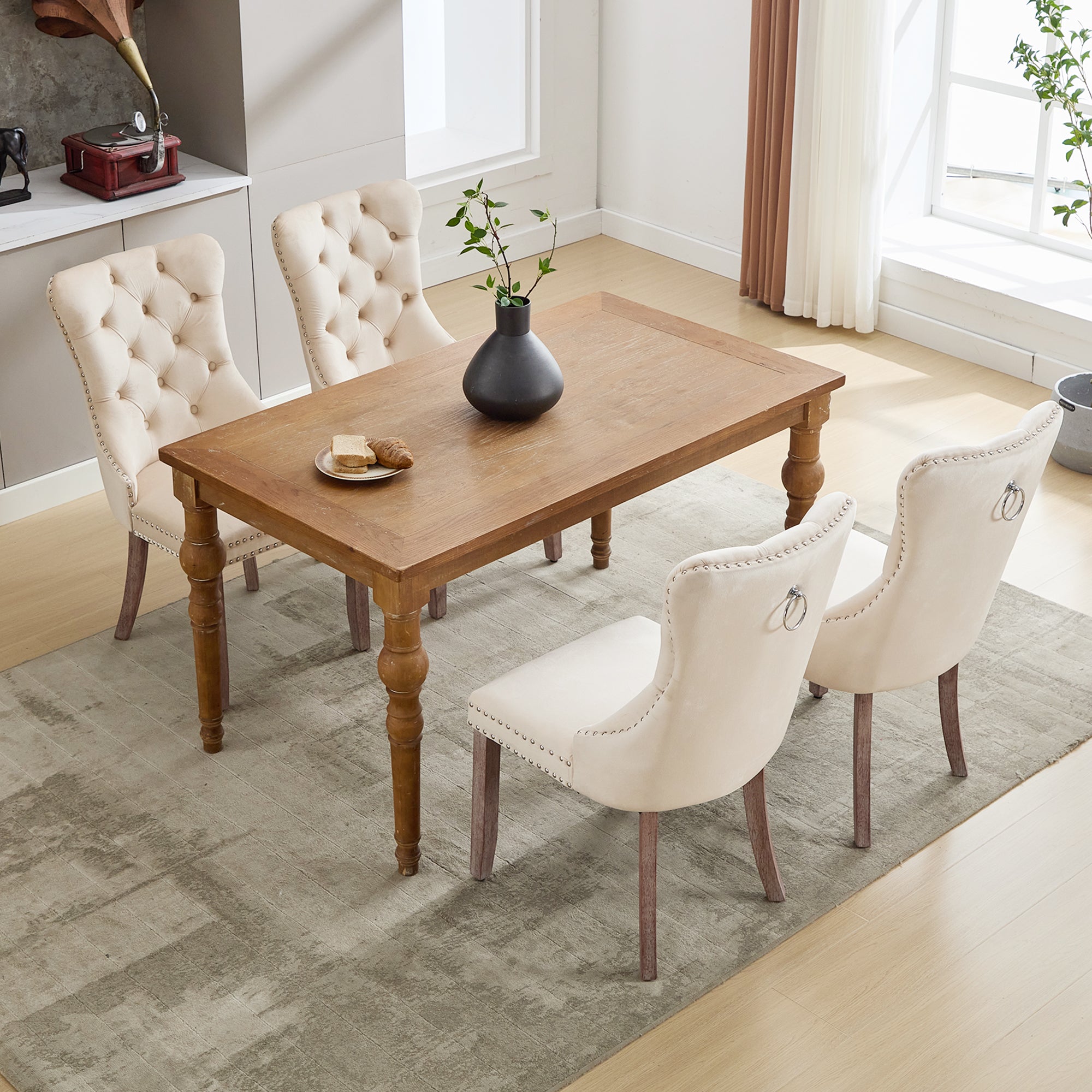 Modern Set of 4 Upholstered Velvet Dining Chairs, Button Tufted Kitchen Lounge Chairs with Brushed Wood Legs, Riveted Trim and Knocker Ring, for Dining Room Living Room, Beige