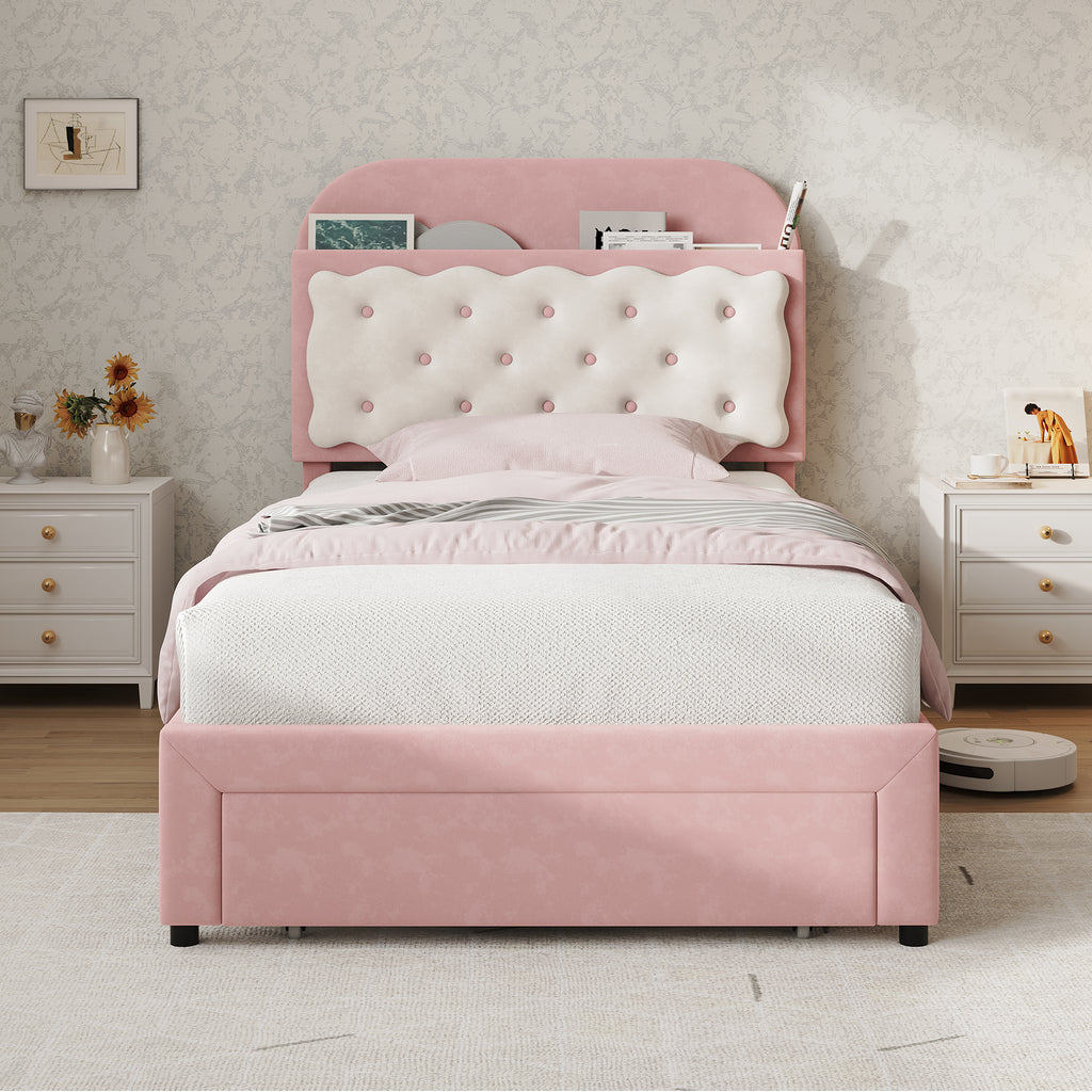 3ft Single Velvet Upholstered Bed Frame, Adjustable Cookie Shaped Storage Headboard with Storage Drawer at Bed End, No Box Spring Needed, Easy Assembly, Pink+ Cream White (No Mattress)