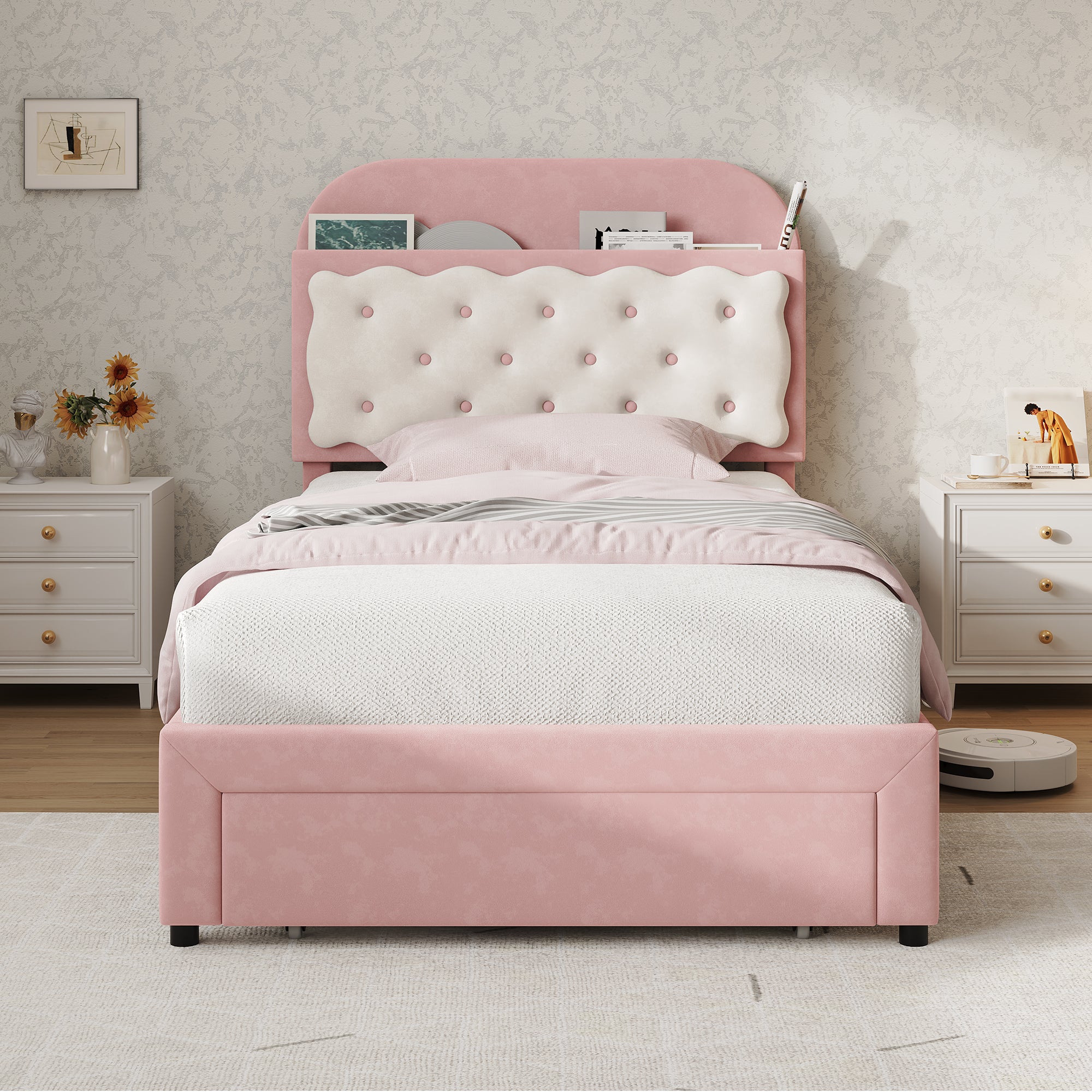 3ft Single Velvet Upholstered Bed Frame, Adjustable Cookie Shaped Storage Headboard with Storage Drawer at Bed End, No Box Spring Needed, Easy Assembly, Pink+ Cream White (No Mattress)