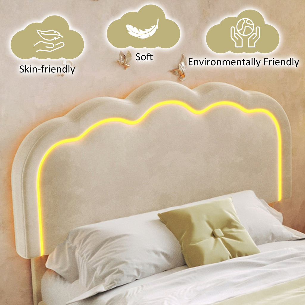 Upholstered Bed, 3ft 90x190cm Single Bed with LED, Bed Frame with Wooden Slats and Adjustable Height Headboard, Teen Bed for Bedroom and Guest Room, Beige, Velvet Material, Without Mattress.