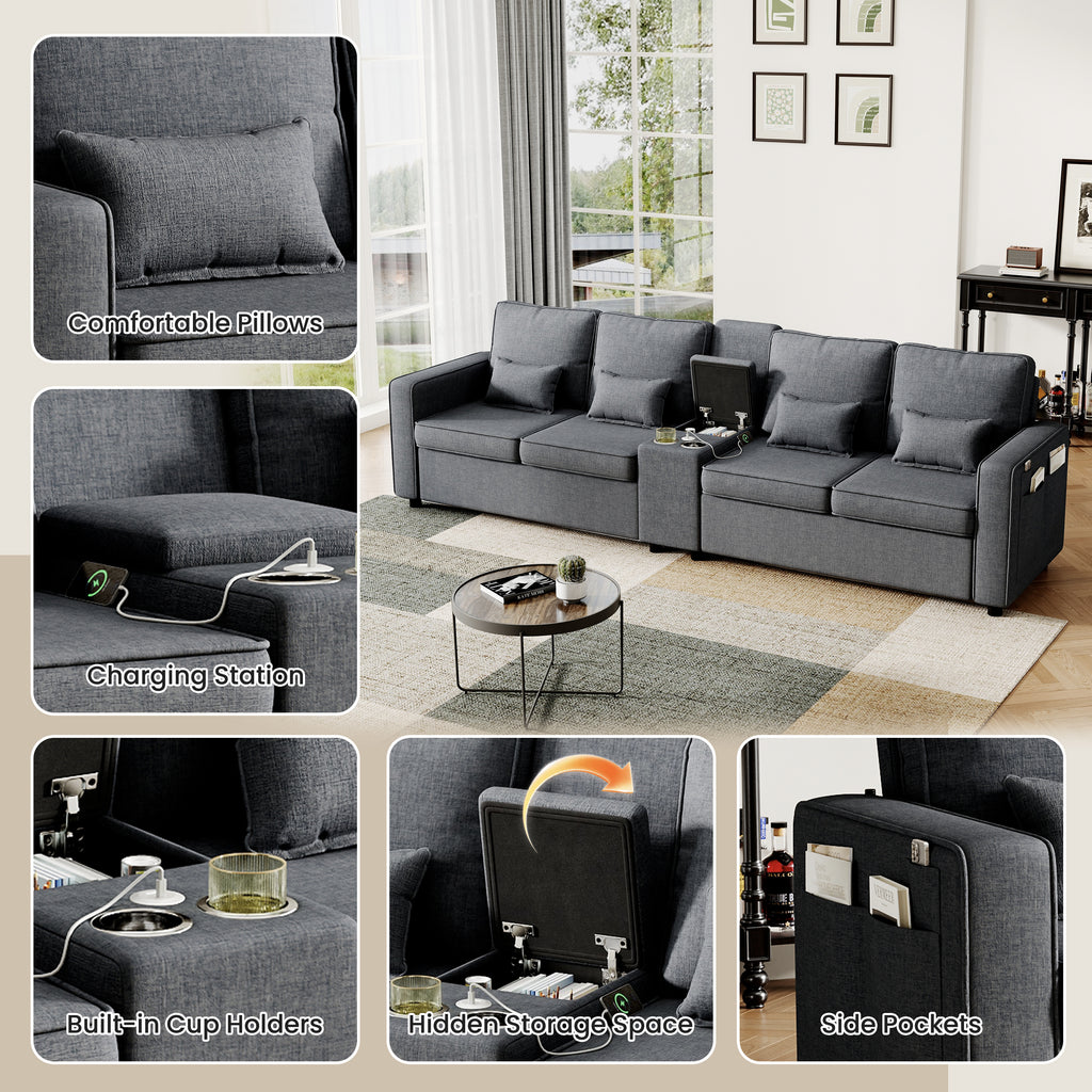 4-Seater Modern Sofa with Storage Console, Minimalist Style Couch with Side Pockets, Cup Holders and Charging Ports (USB & Type-C), for Living Room, Apartment, Office,Grey, Linen Fabric