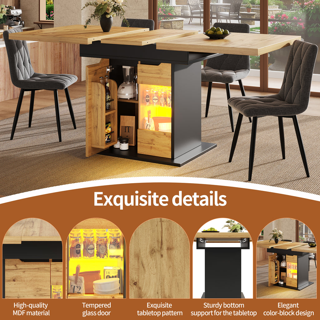 Telescopic dining table (110-140×80cm), foldable kitchen table for 4-6 people, extendable dining table, space-saving kitchen table, table with LED lighting and snack shelf, cabinet doors