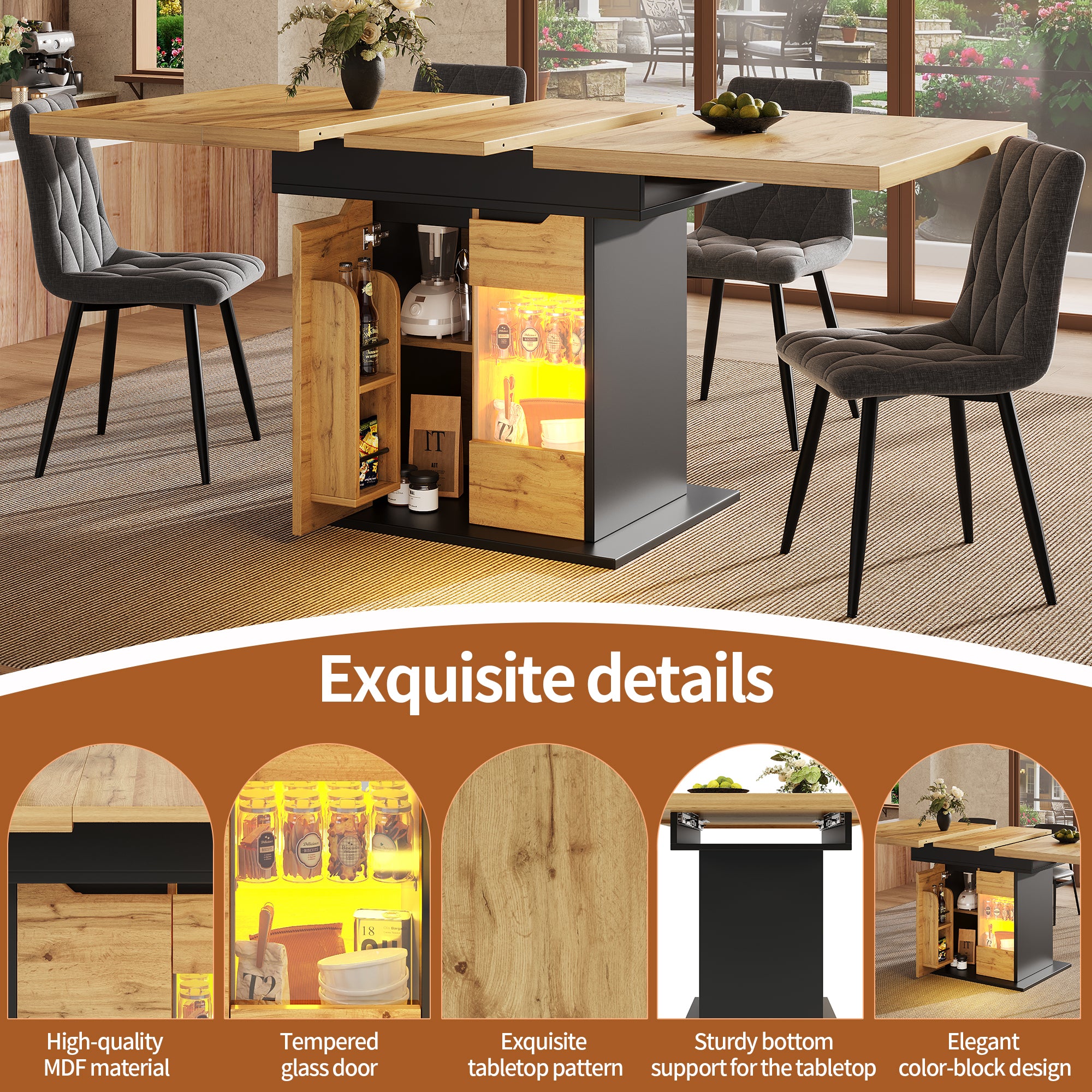 Telescopic dining table (110-140×80cm), foldable kitchen table for 4-6 people, extendable dining table, space-saving kitchen table, table with LED lighting and snack shelf, cabinet doors