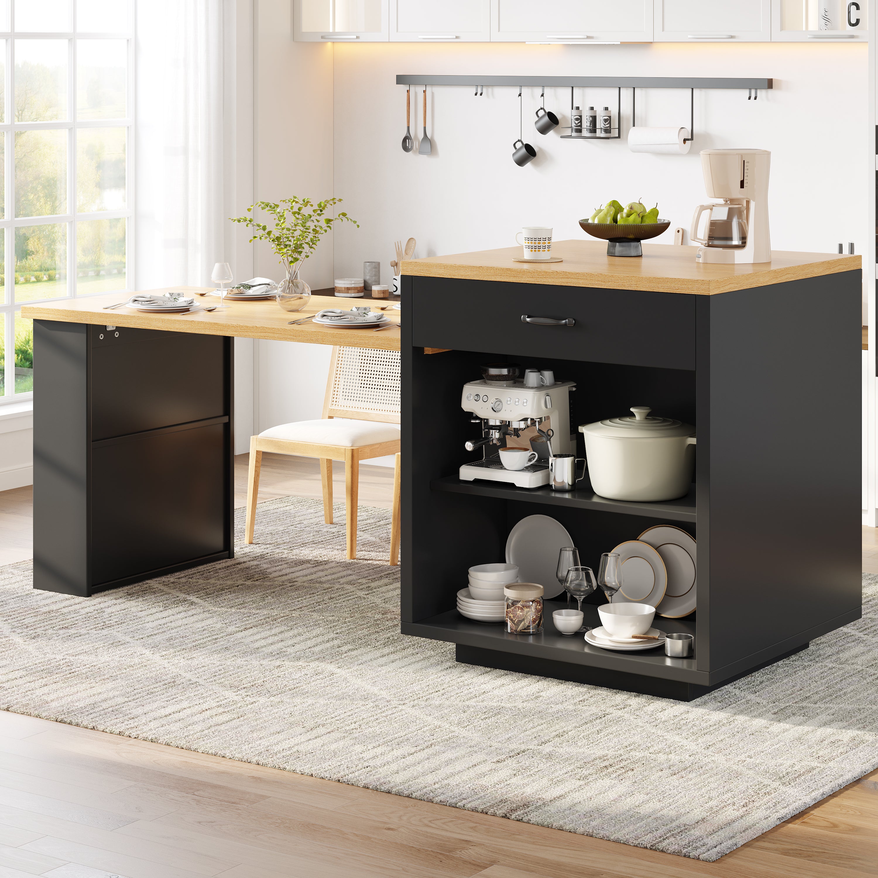 Extendable Kitchen Island with LED Lighting, Modern Storage Cabinet with 2 Drawers & Adjustable Shelves, Kitchen Sideboard with Fluted Glass Doors, MDF Kitchen Countertop for Dining Room