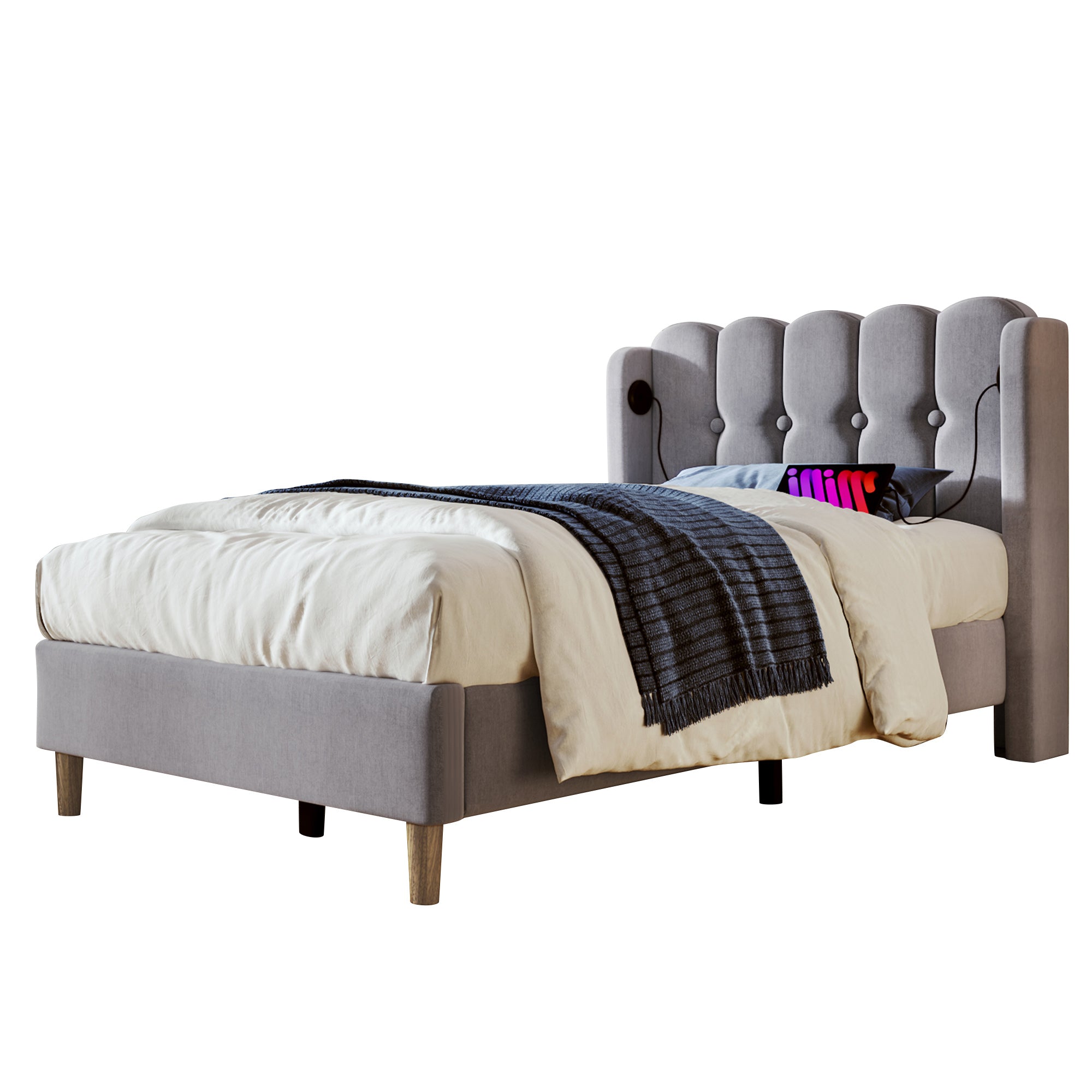 Upholstered Single Bed with USB and Type-C Charging, Bed Frame with Wooden Slatted Frame, Teenager Bed for Bedroom & Guest Room, 3ft 90 x 190 cm Bed Frame, Grey, Linen Material (No Mattress).