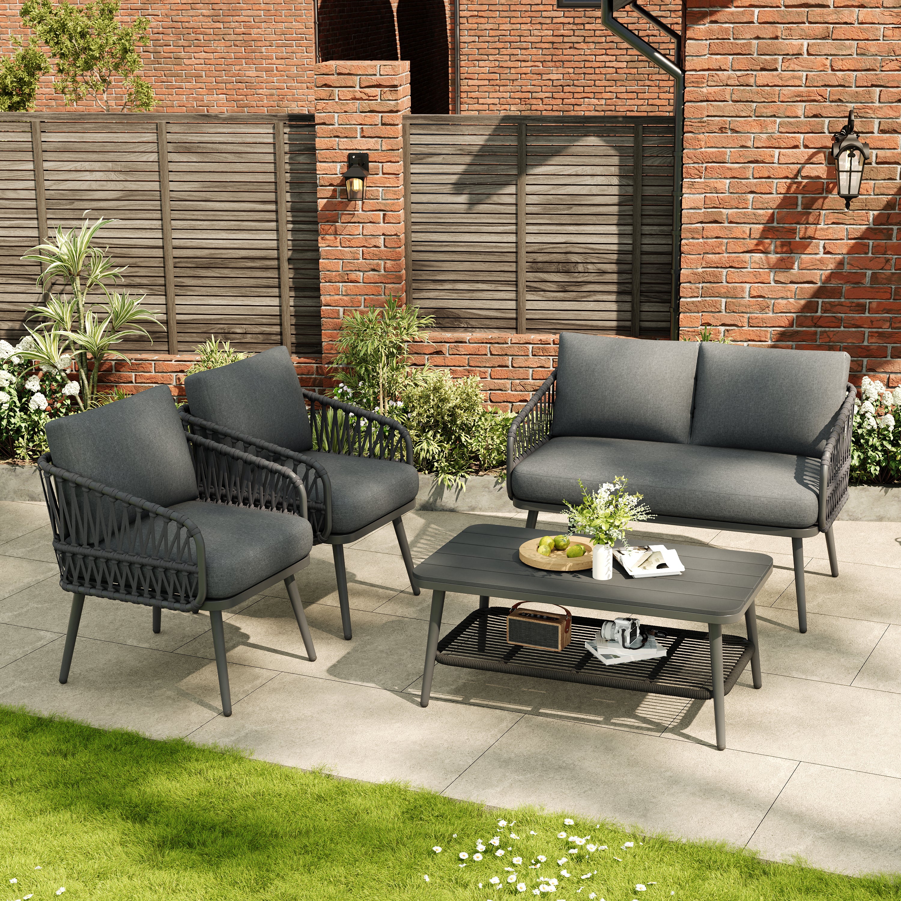 4 Seater Garden Set with Plastic Wood Storage Coffee Table, Polyester Rope Outdoor Set with Sofa and Armchairs, Weatherproof Outdoor Patio Sofa for Balcony and Terrace, Linen, Grey
