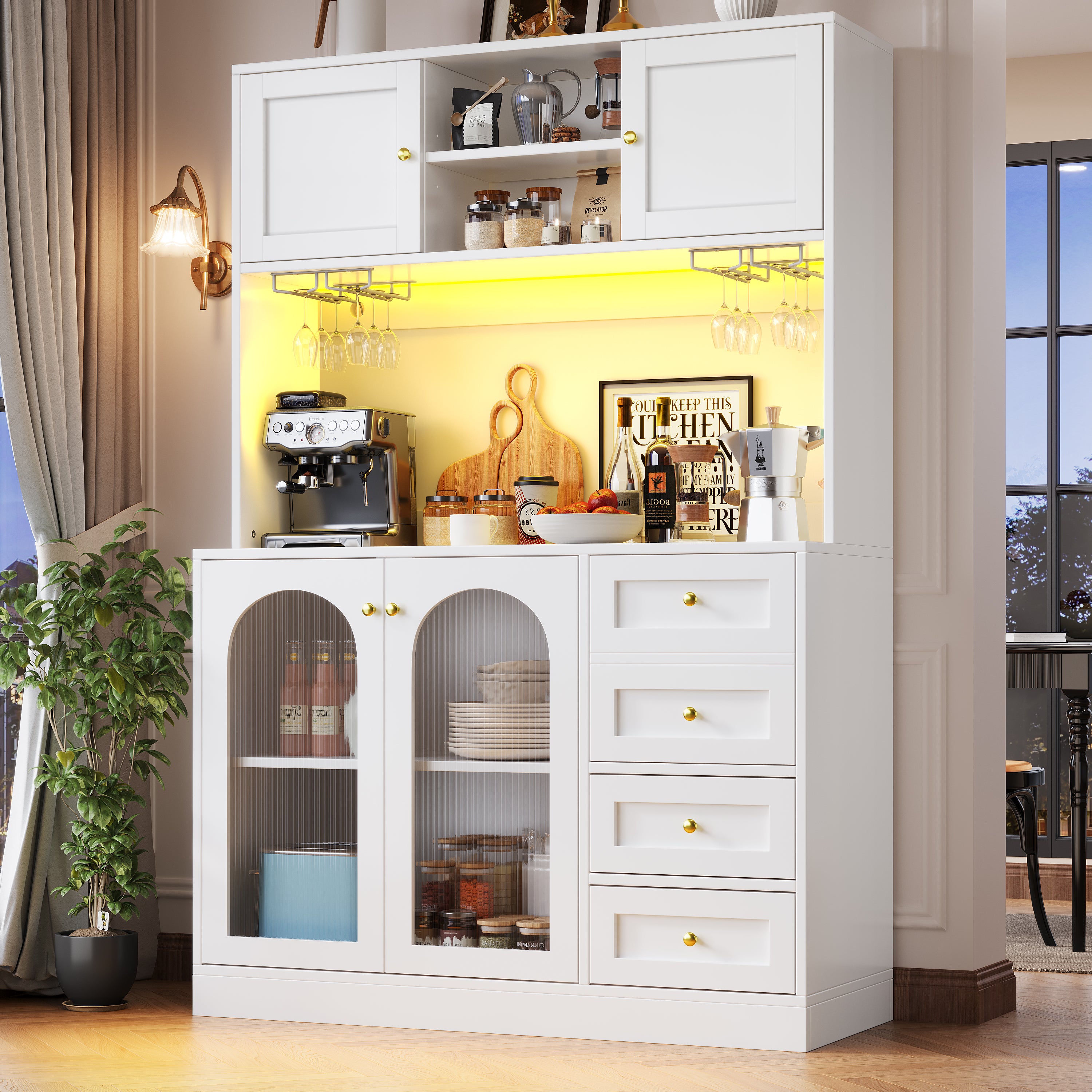 Sideboard / Storage Cabinet / Kitchen Cabinet / Buffet Cabinet, 120x40x188cm, Farmhouse Style, 4 Doors, with LED Light Strip & Drink Holders, Black/White (Fluted Glass Doors)