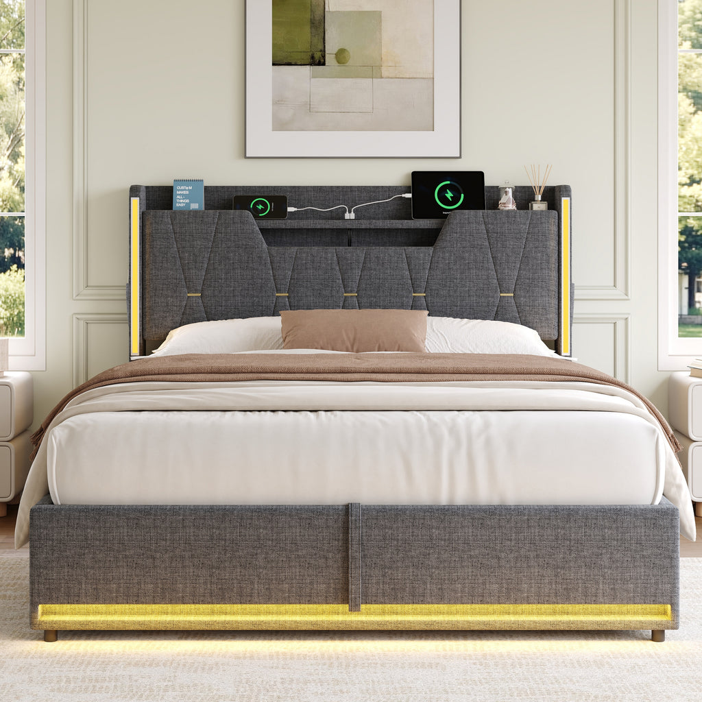 4ft6 Double Upholstered Bed Frame with Hydraulic Storage,  LED X-Shape Headboard with Charging Station and Flip-top Headboard Storage, USB and Type - C Ports, Linen, Grey (No Mattress)