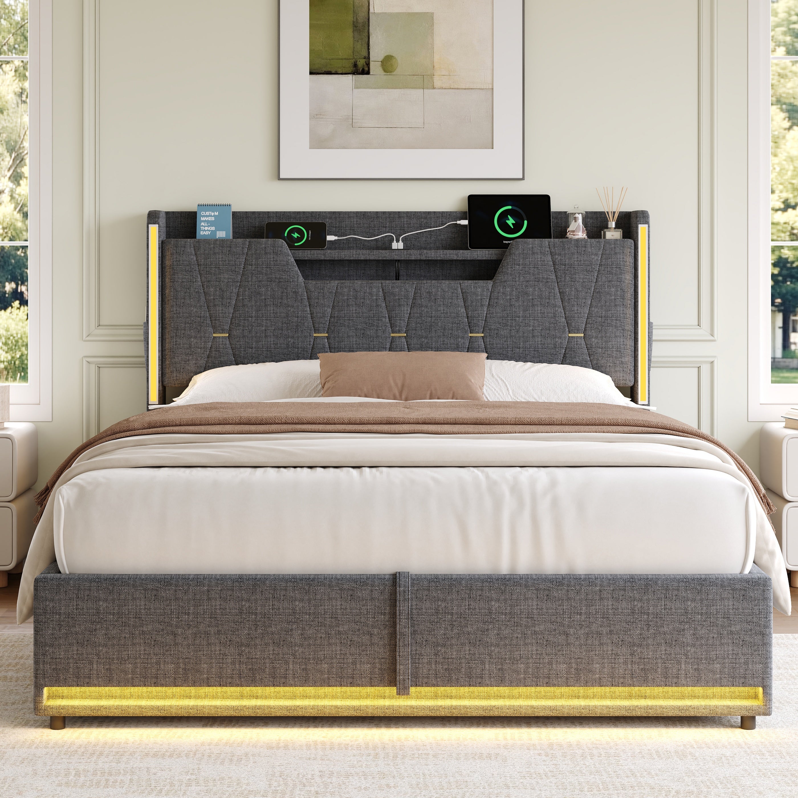 4ft6 Double Upholstered Bed Frame with Hydraulic Storage,  LED X-Shape Headboard with Charging Station and Flip-top Headboard Storage, USB and Type - C Ports, Linen, Grey (No Mattress)
