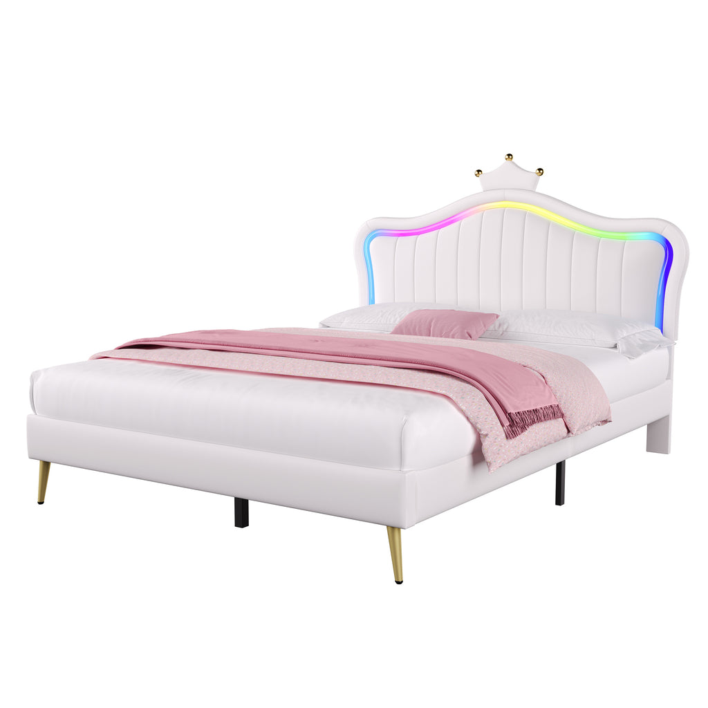 4ft6 Double Upholstered Bed with LED Adjustable Crown Shape Headboard, PU Leather Bed Frame with Solid Wood Slat, No Box Spring Needed, Easy Assembly, Cream White (No Mattress)