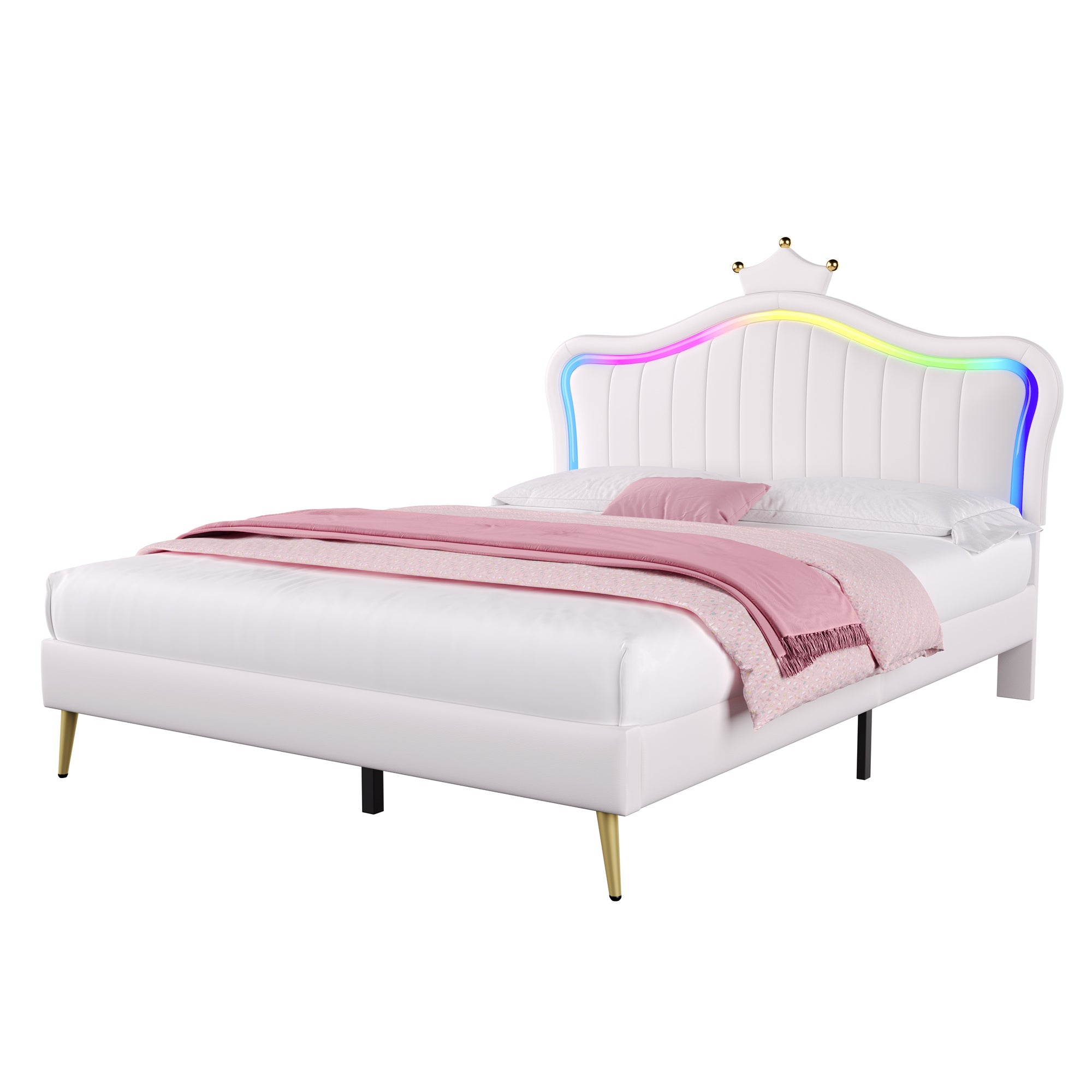 4ft6 Double Upholstered Bed with LED Adjustable Crown Shape Headboard, PU Leather Bed Frame with Solid Wood Slat, No Box Spring Needed, Easy Assembly, Cream White (No Mattress)