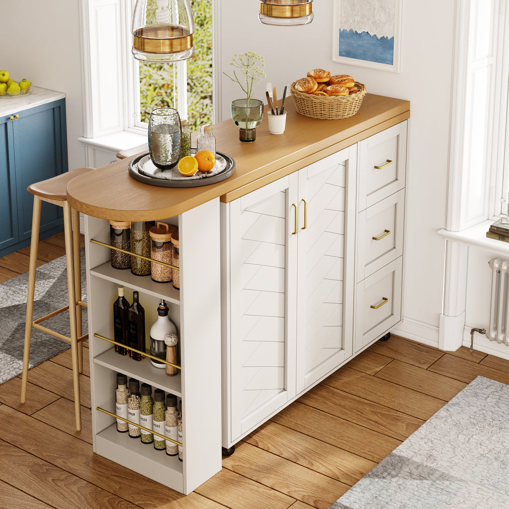 Extendable Bar Cart with 2 Doors & 3 Drawers (135-228 x 39 x 104 cm), Rollable, Home Bar in White, Worktop in Wood Look