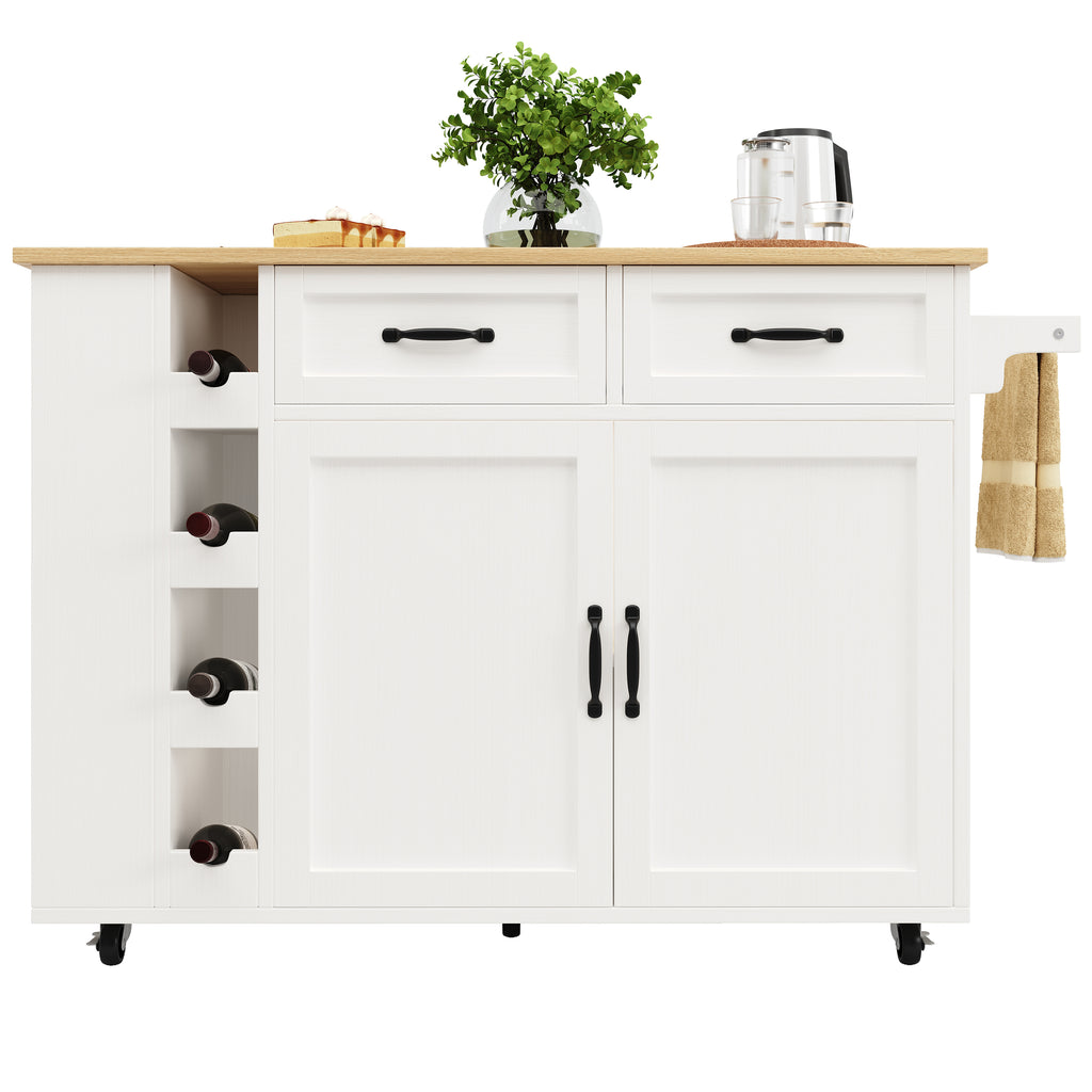 Kitchen island, kitchen trolley equipped with power socket, kitchen cabinet, removable serving trolley with wine rack, buffet cabinet, dining trolley with wood grain, buffet cabinet, white