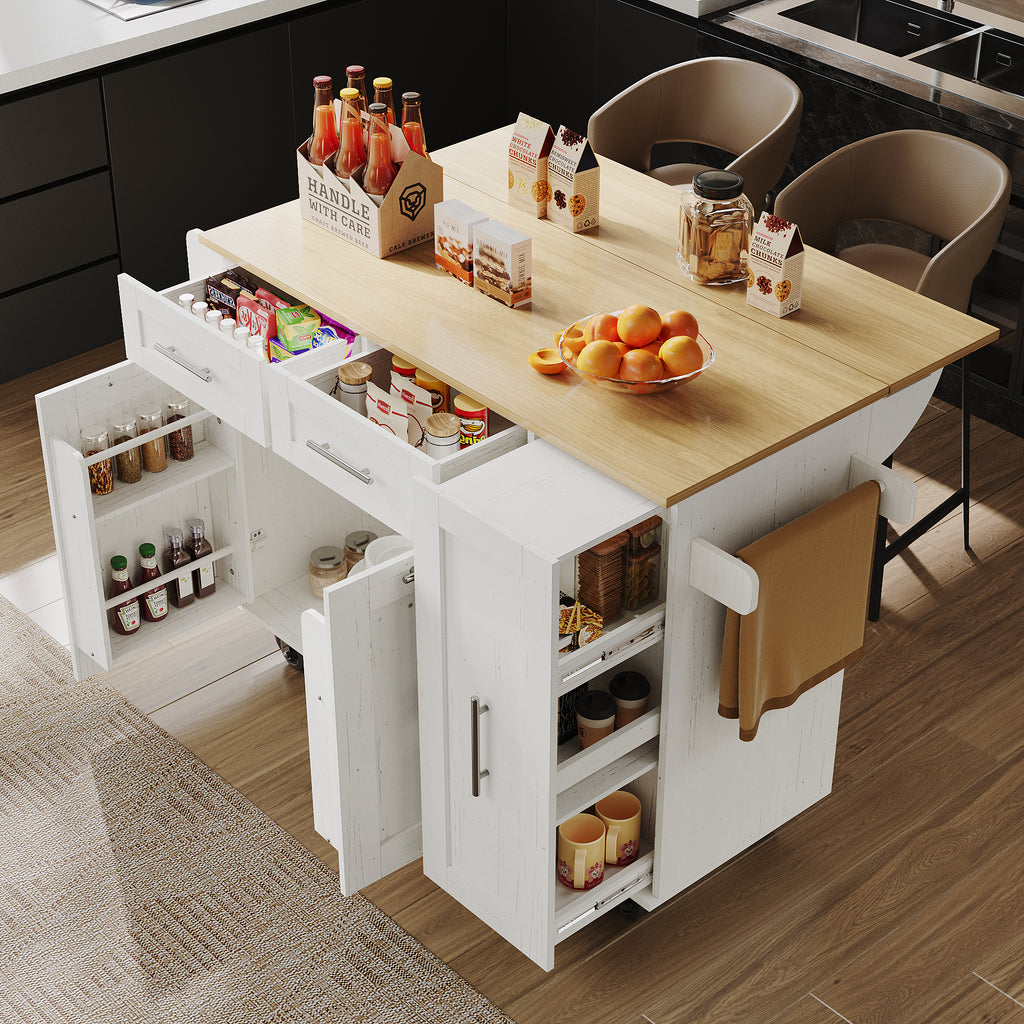 Modern kitchen island, kitchen cabinet, buffet cabinet, dining cart with wood grain, dining table with storage space, dining cart with snack shelves and stretch function cabinets, white