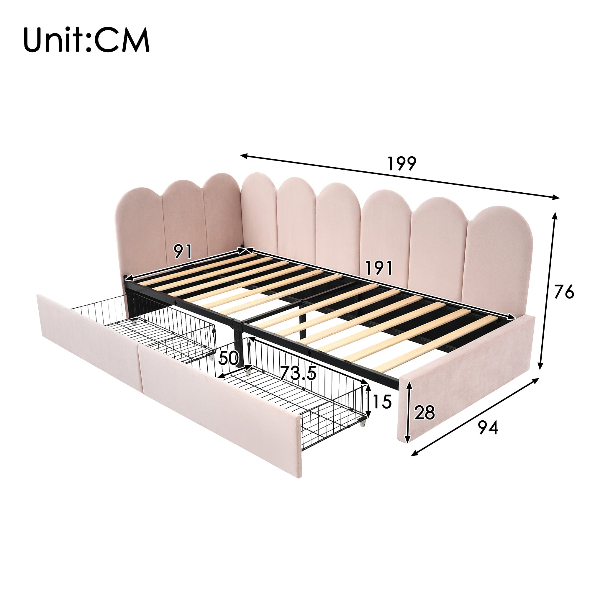 Upholstered Bed Daybed With Drawers Storage,3FT Single Sofa Bed 90X190cm, Sofa Bed For Adults and Children , Bed Frame With Slatted Frame, Velvet, Pink (No Mattress)
