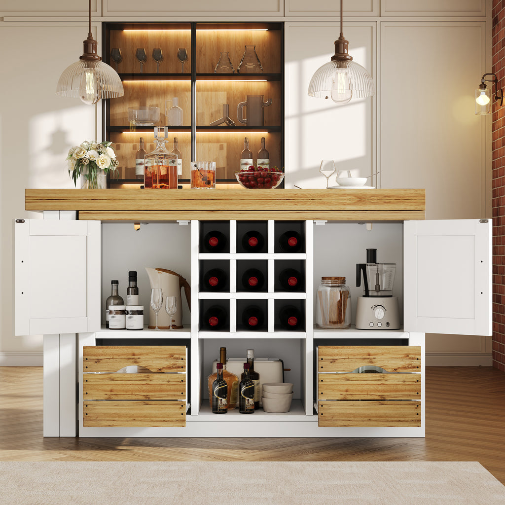 Extendable kitchen island dining table, Multifunctional dining table with sideboard, 360° rotating tabletop, extendable kitchen table with ample storage space, living room wall unit, white