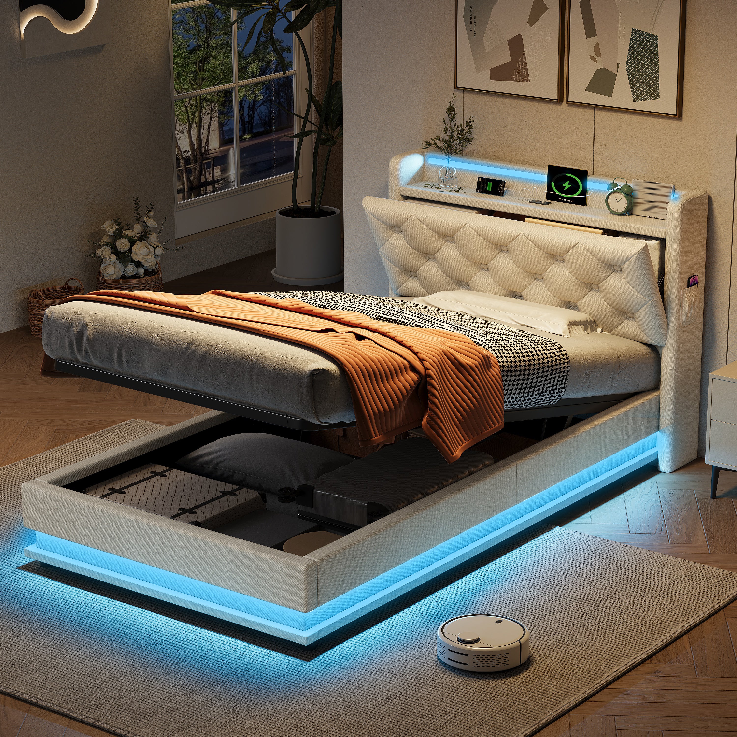 3ft Single Upholstered Bed Frame with Hydraulic Storage, LED Button Tufted Headboard with Charging Station and Concealed Headboard Storage, USB and Type-C Ports, Linen, Beige (No Mattress)