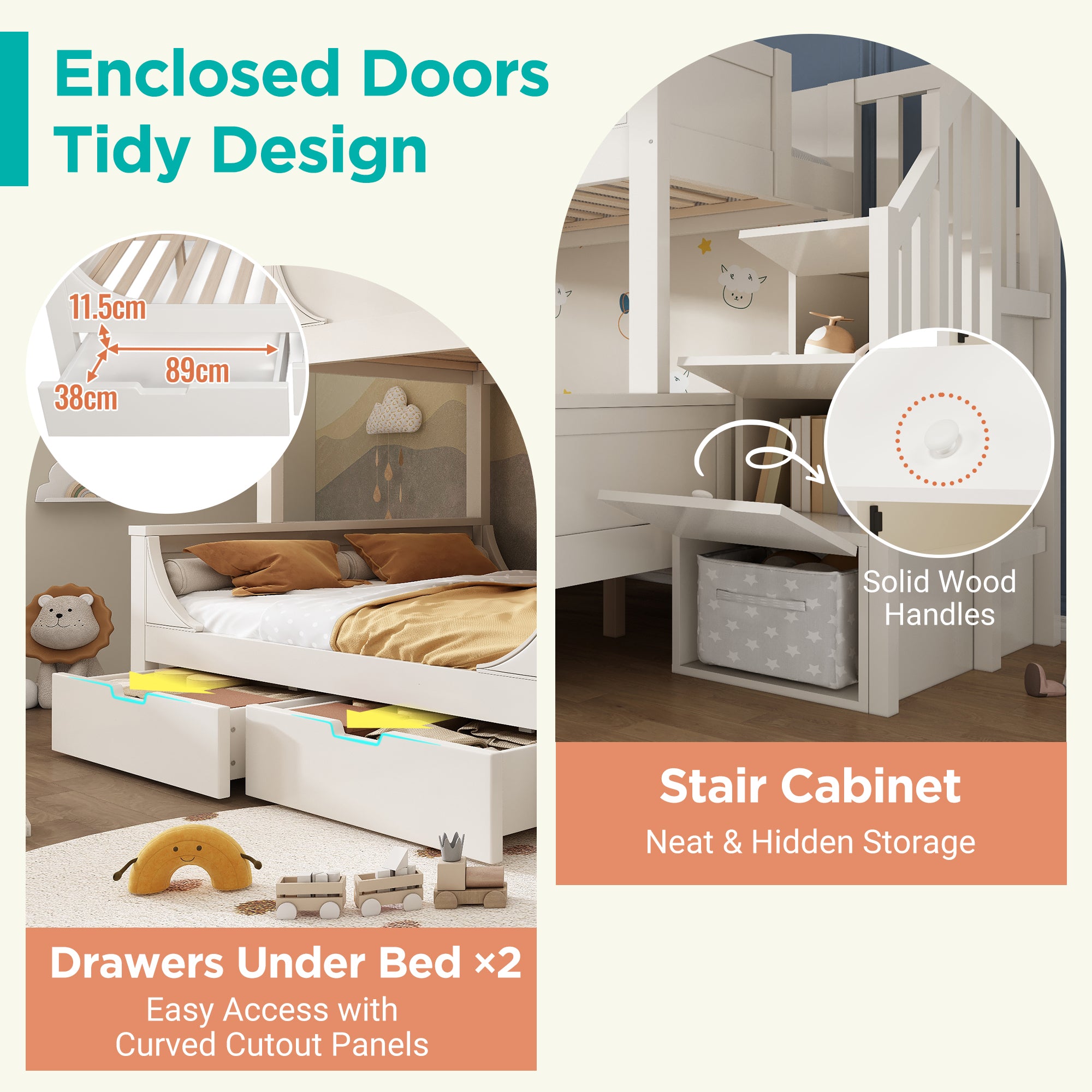 Bunk Beds for Kids, Staircase Bunk with Drawers and Storage, Children's Bed with Storage Unit, Double Bunk Bed for Family with Multiple Children, (90+135) x 190 cm, Solid Wood, White