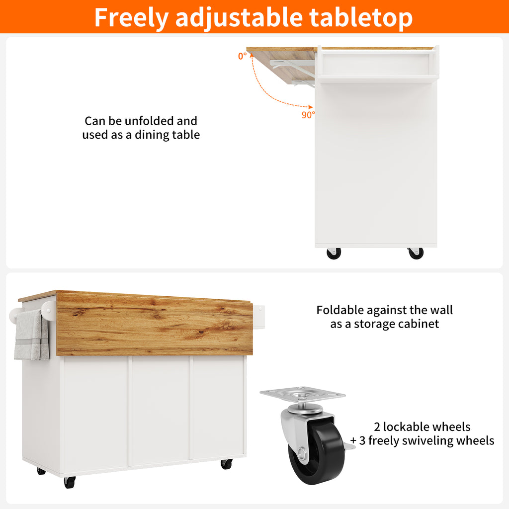 Modern kitchen island, kitchen cabinet, sideboard, serving trolley with wood grain, sideboard, multifunctional dining table with storage space, serving trolley with snack shelves and stretch function