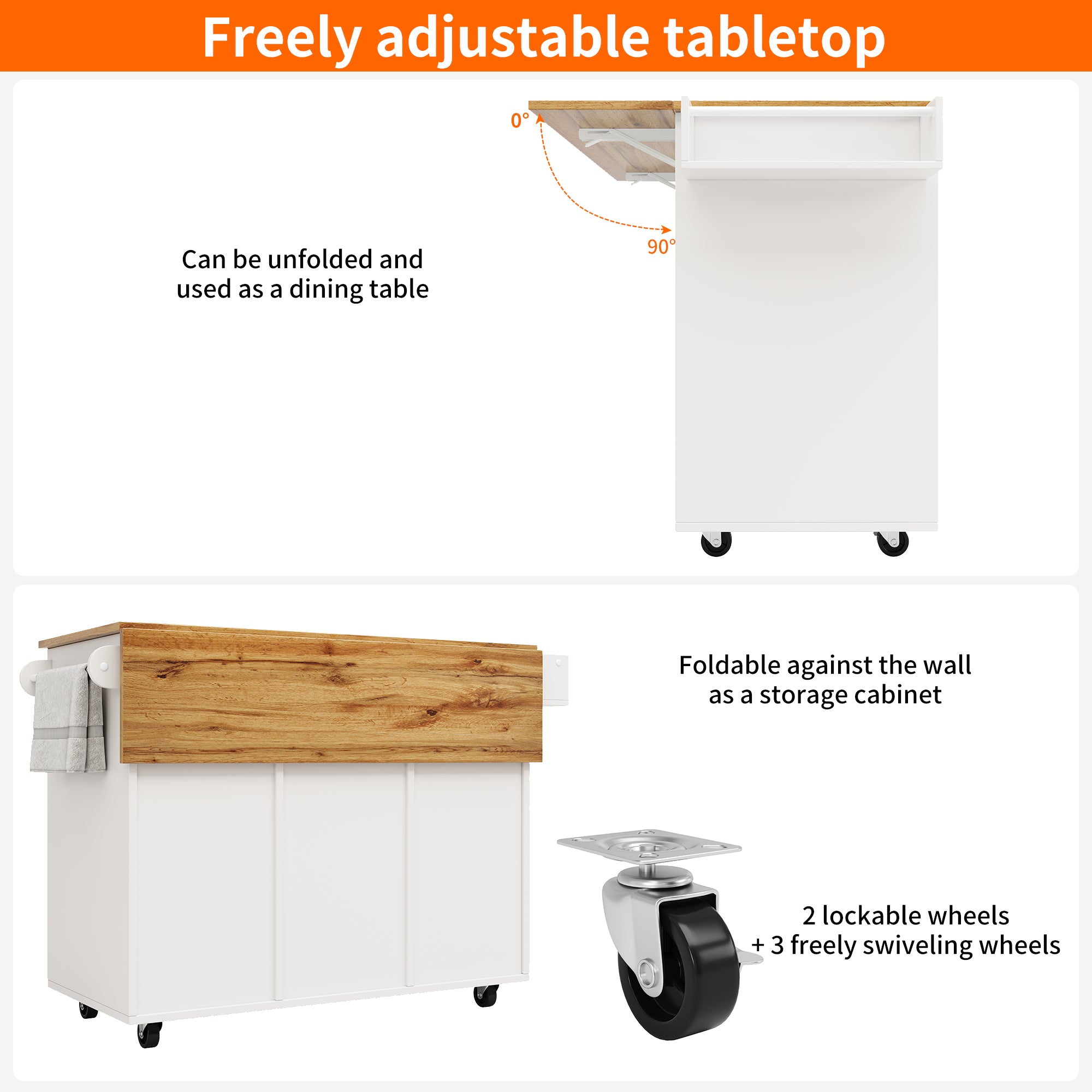 Modern kitchen island, kitchen cabinet, sideboard, serving trolley with wood grain, sideboard, multifunctional dining table with storage space, serving trolley with snack shelves and stretch function