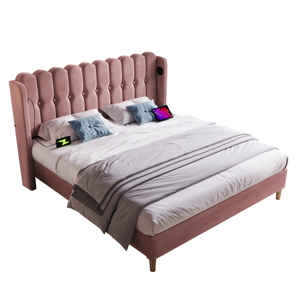 Upholstered Double Bed with USB and Type-C Charging, Bed Frame with Wooden Slatted Frame, Teenager Bed for Bedroom & Guest Room, 4ft6 135 x 190 cm Bed Frame, Pink, Velvet Material (No Mattress).