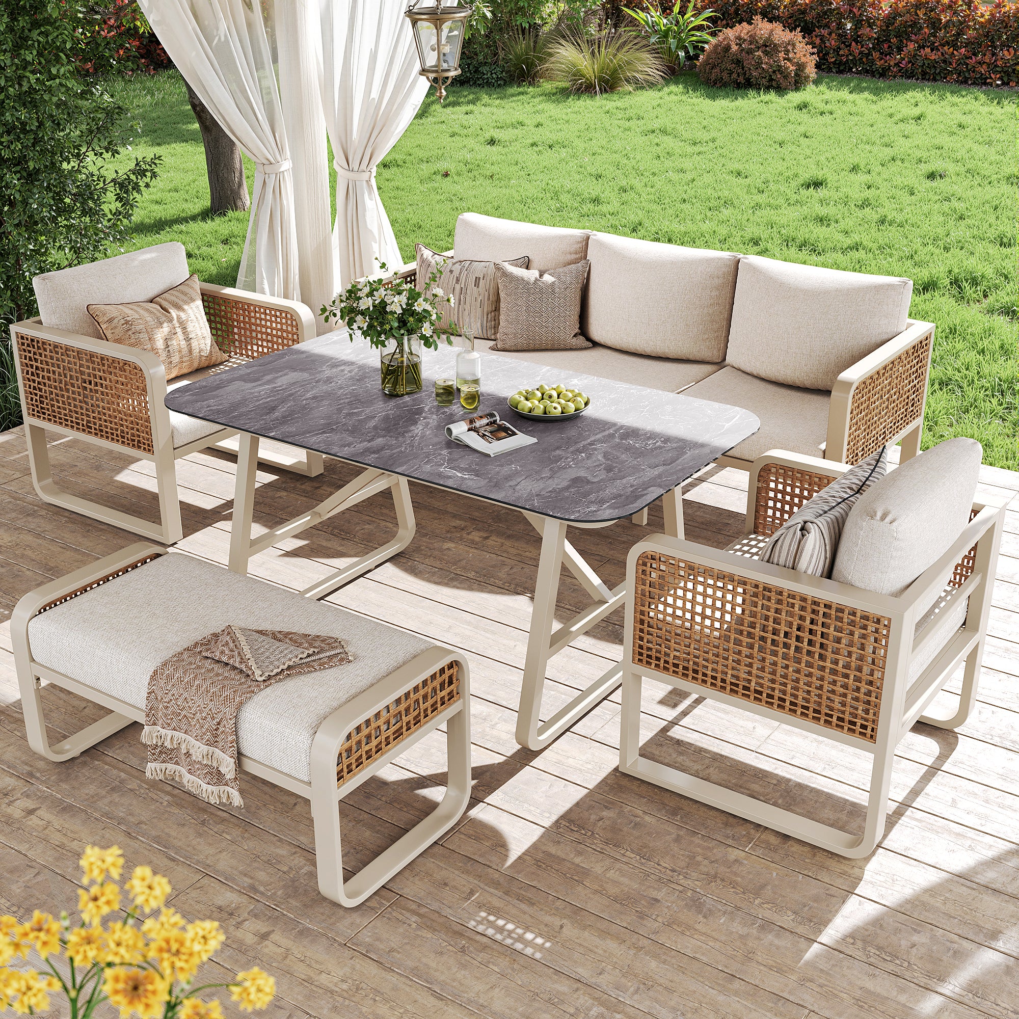 Garden Lounge Set for 6-7 People, PE Rattan Seating Group incl. Side Table, Garden Sofa with Washable Cushions, Adjustable Feet for Terrace, Balcony, Garden, Beige