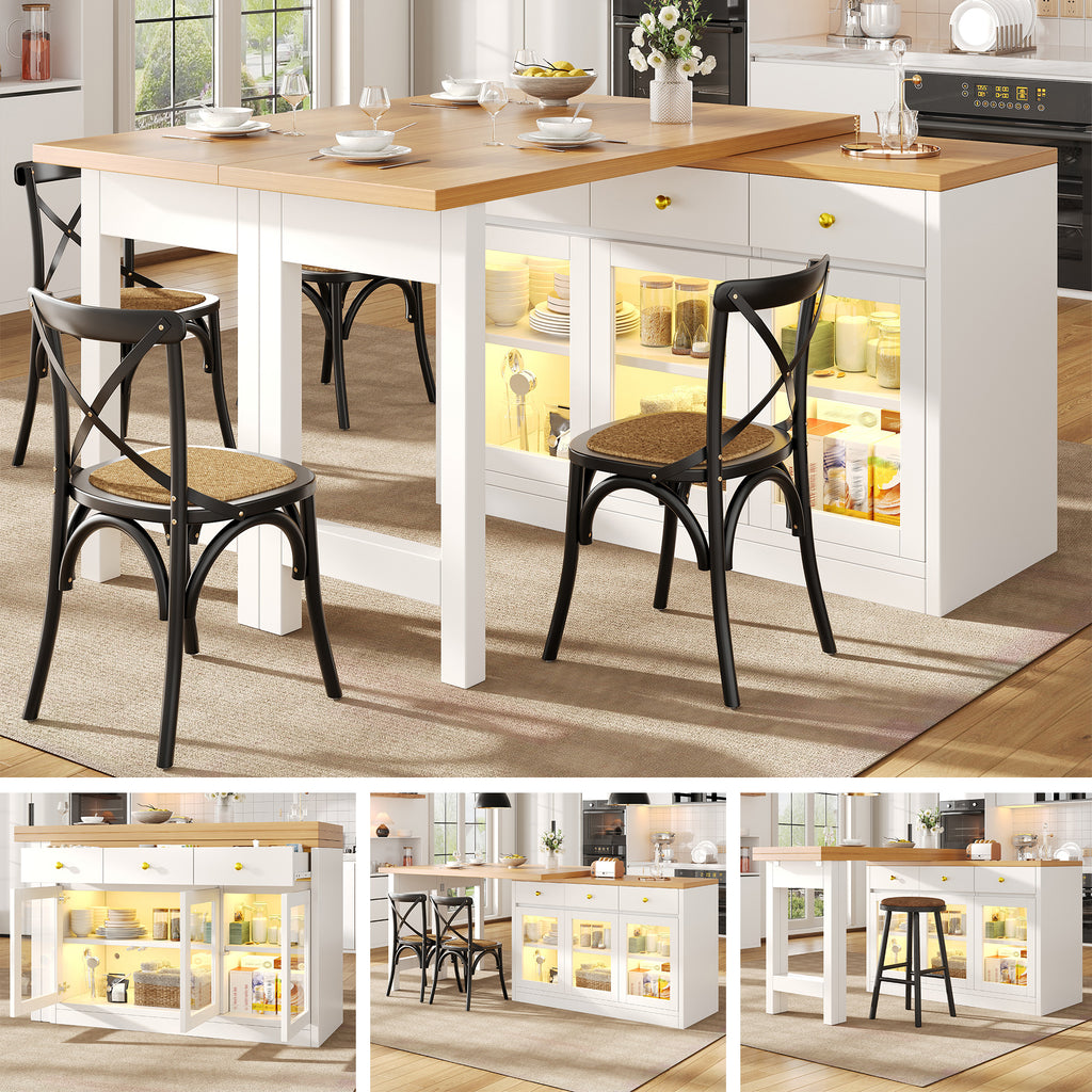 Extendable Kitchen Island with LED Lights, 120-200cm Adjustable Dining Table with Storage, 3 Drawers & Glass Cabinets, White/Black