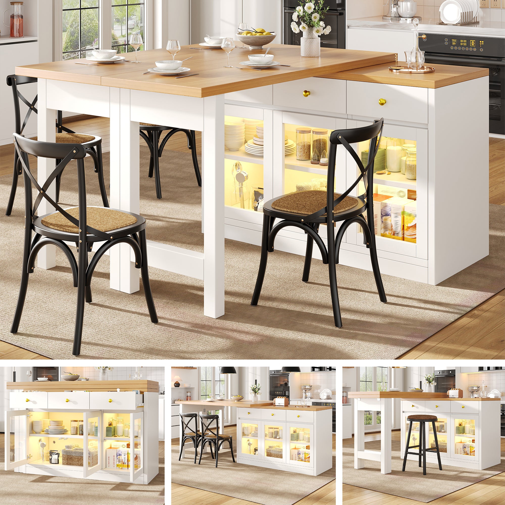 Extendable Kitchen Island with LED Lights, 120-200cm Adjustable Dining Table with Storage, 3 Drawers & Glass Cabinets, White/Black