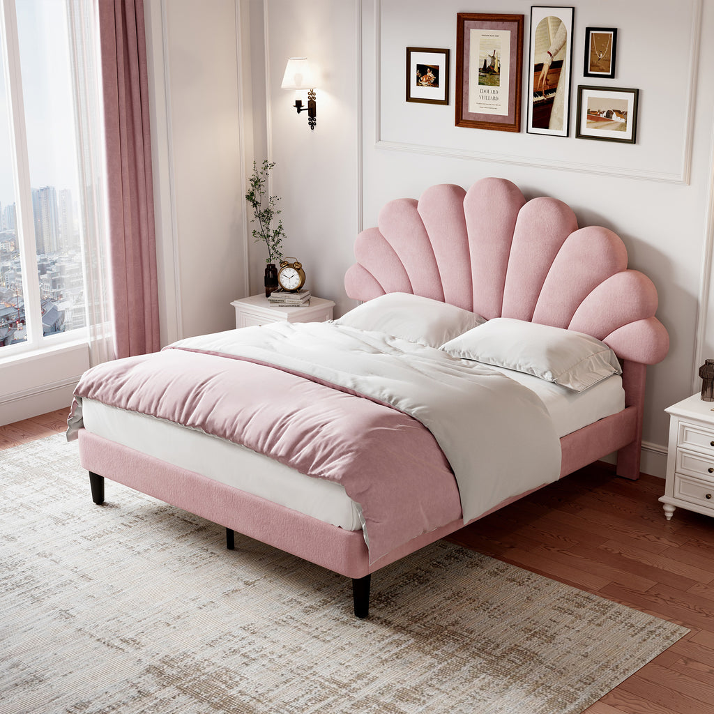 4ft6 Double Upholstered Velvet Bed Frame, with Adjustable Chic Petal Headboard, Velvet Platform Bed Frame with Solid Wood Slat, No Box Spring Needed, Easy Assembly, Pink